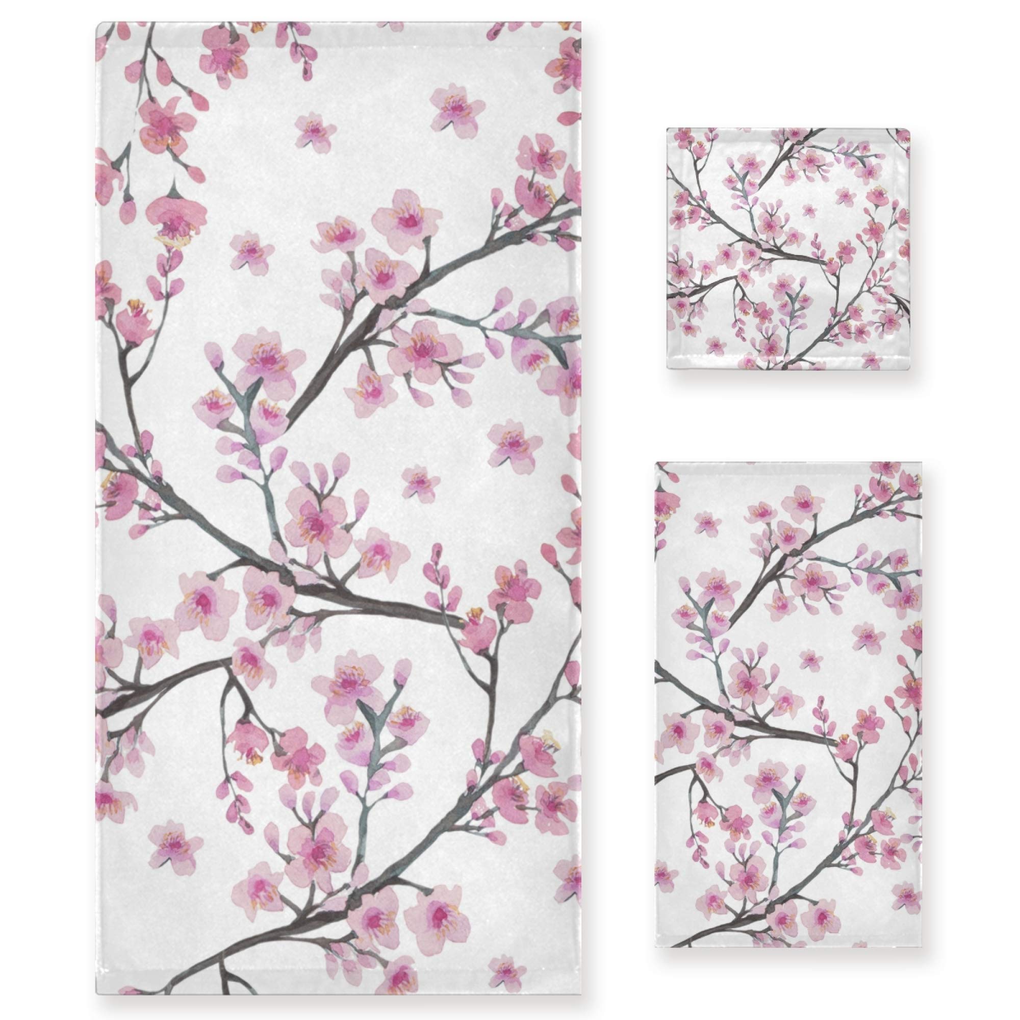 Premium 3-Piece Pink Cherry Blossom Bath Towel Set - 1 Bath Towel, 1 Hand Towel & 1 Washcloth | Ultra Soft, Quick Drying & Highly Absorbent Floral Print Towels for Bathroom, Spa & Guest Use | Watercolor Design Luxury Towel Collection