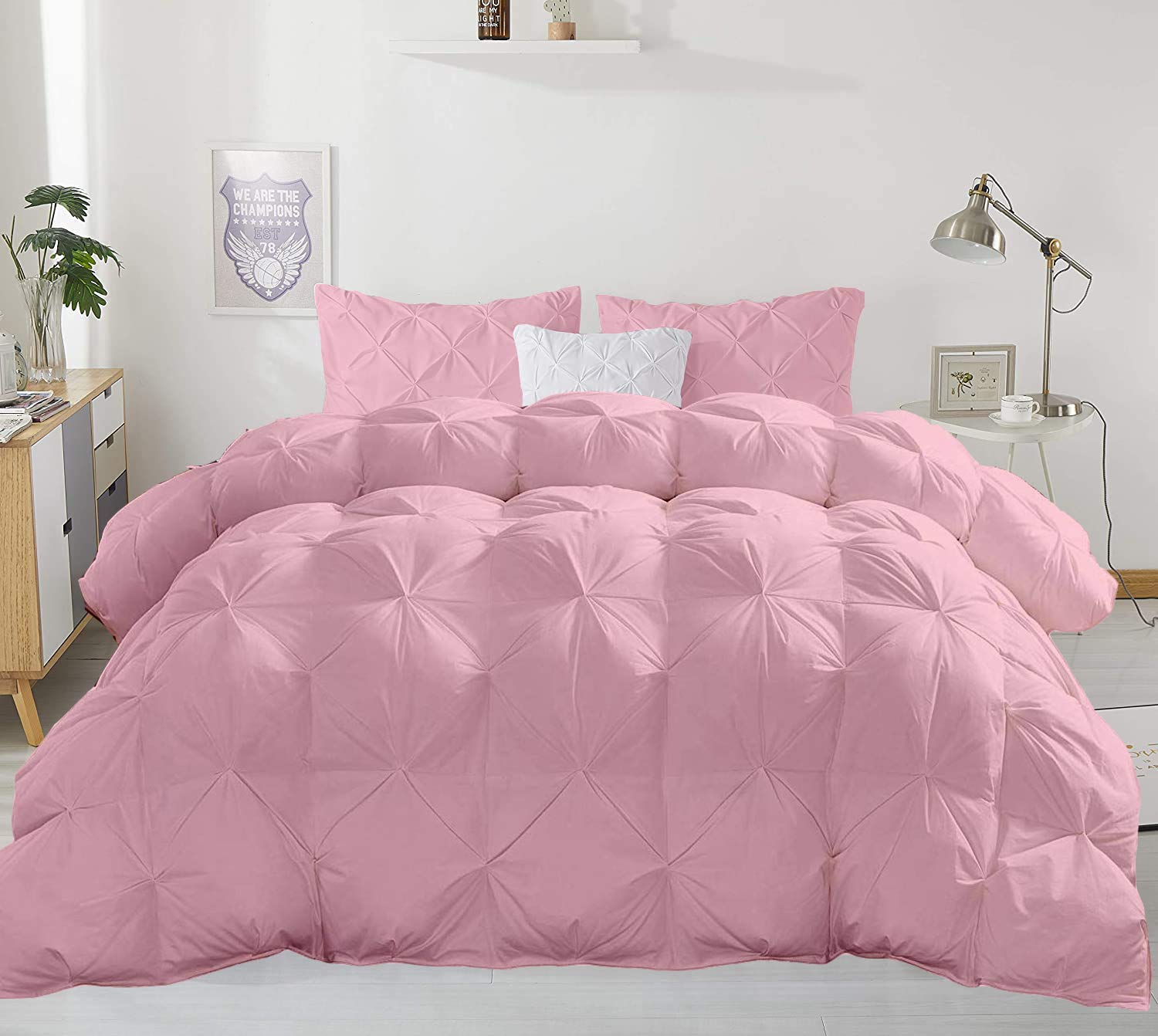 Luxury 500 GSM Pink 5-Piece Pinch Pleated Twin XL Comforter Set with Duvet Insert - Ultra Soft Egyptian Cotton Bedding for Cozy Sleep | Perfect for Guest Rooms, Dorms & Master Bedrooms