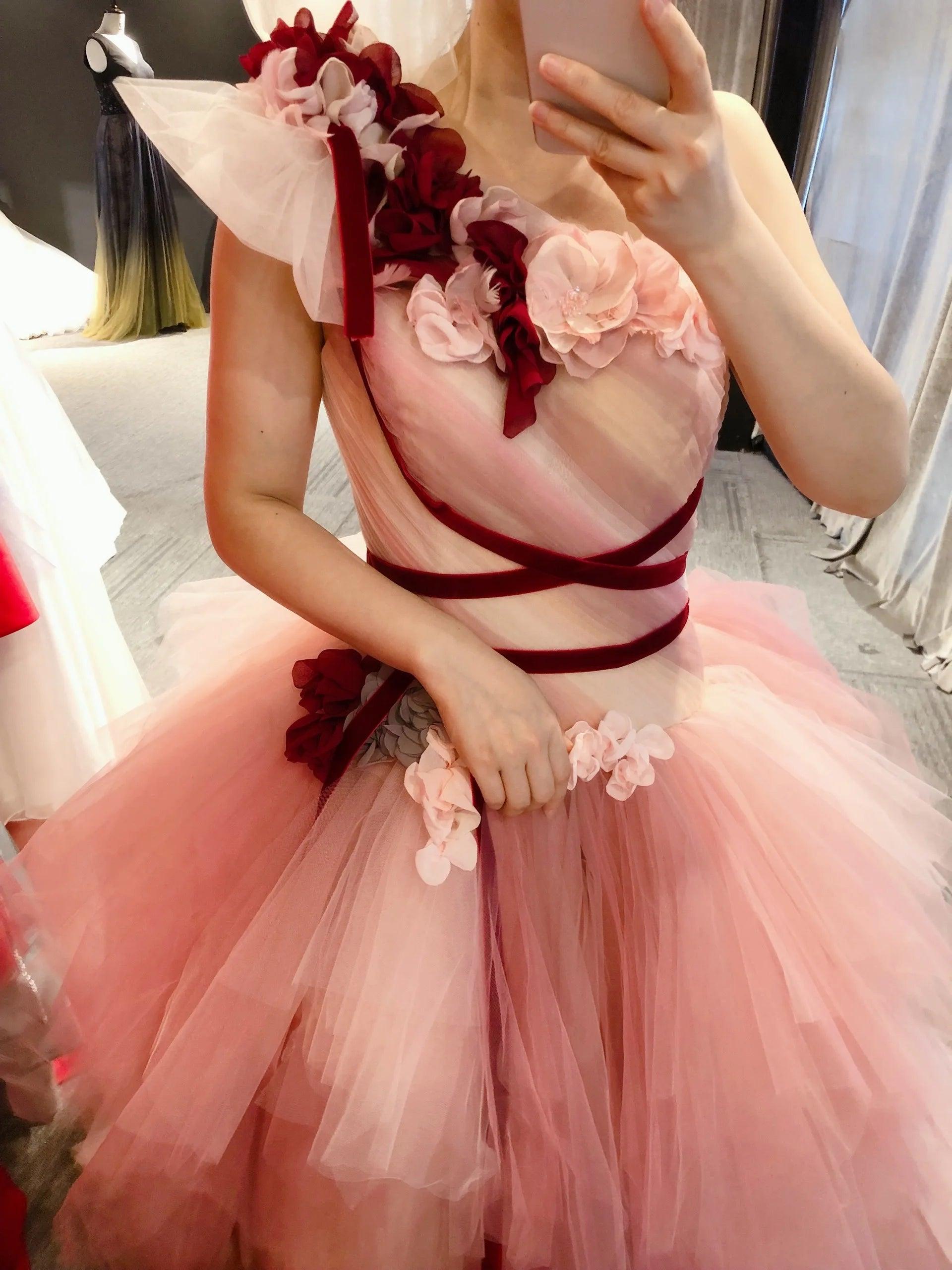 Elegant Pink One Shoulder Evening Gown - Custom Made Floor Length Dress with Handmade Floral Details | High Quality Formal Wear for Prom, Wedding, and Special Occasions