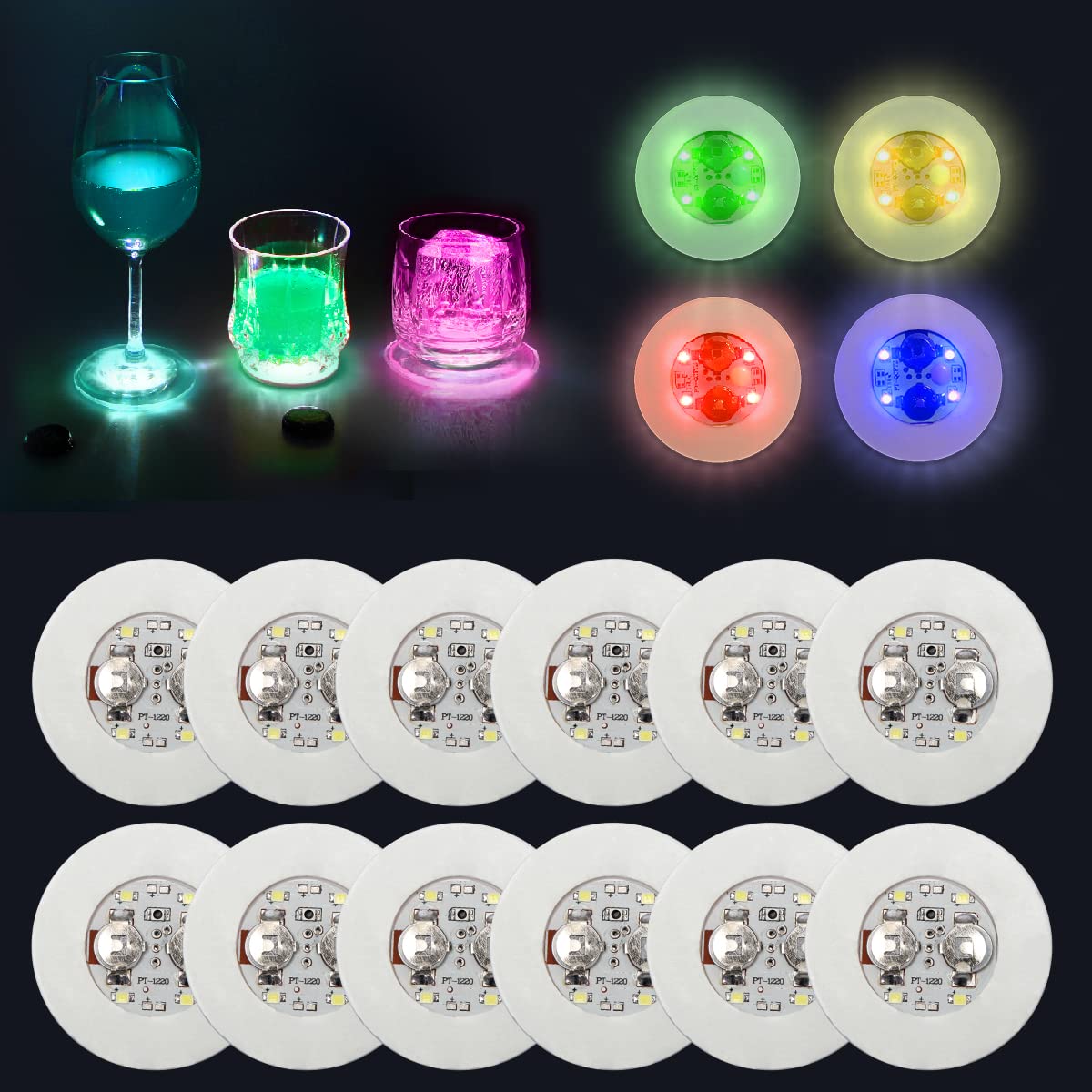 AHIIER 12-Pack RGB LED Coasters - Multicolor Light-Up Drink Coasters with 7 Color Changing Modes, Bottle Lights & Sticker Lights for Party Decor, Wedding Reception, Bar Counter, Home Entertainment & Nightclub Ambiance