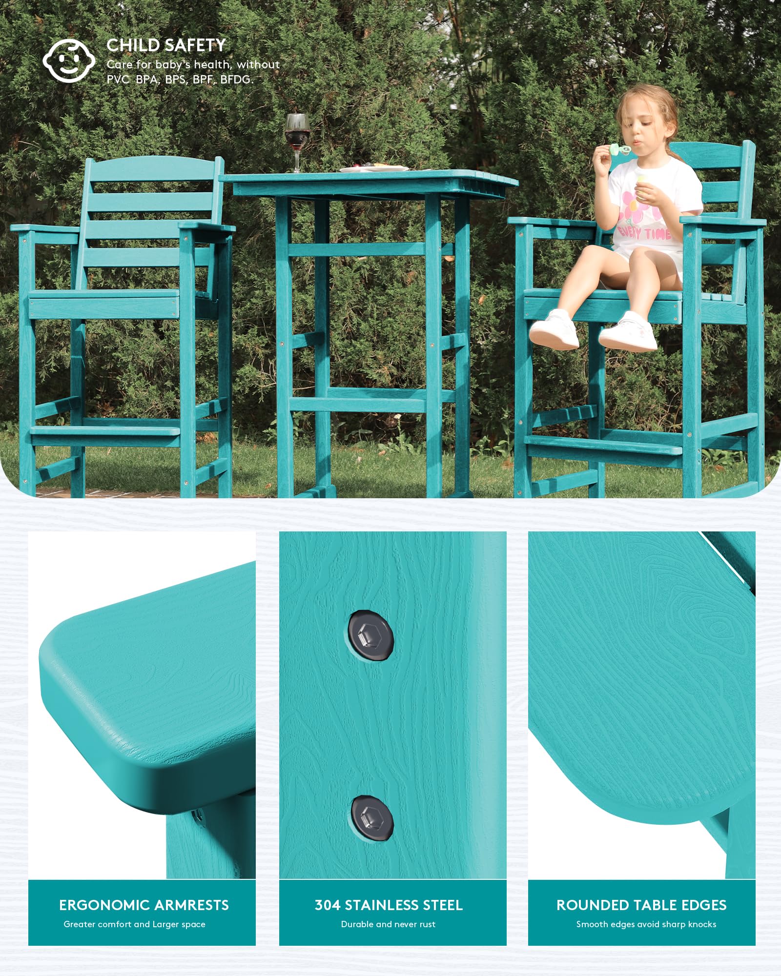 SERWALL 3-Piece Balcony Adirondack Chair and Table Set - 2 Bar Height Chairs & Bar Table, Outdoor Bistro Stools for Poolside, Backyard, Patio, Garden - Durable Weather-Resistant Furniture for Relaxing & Entertaining