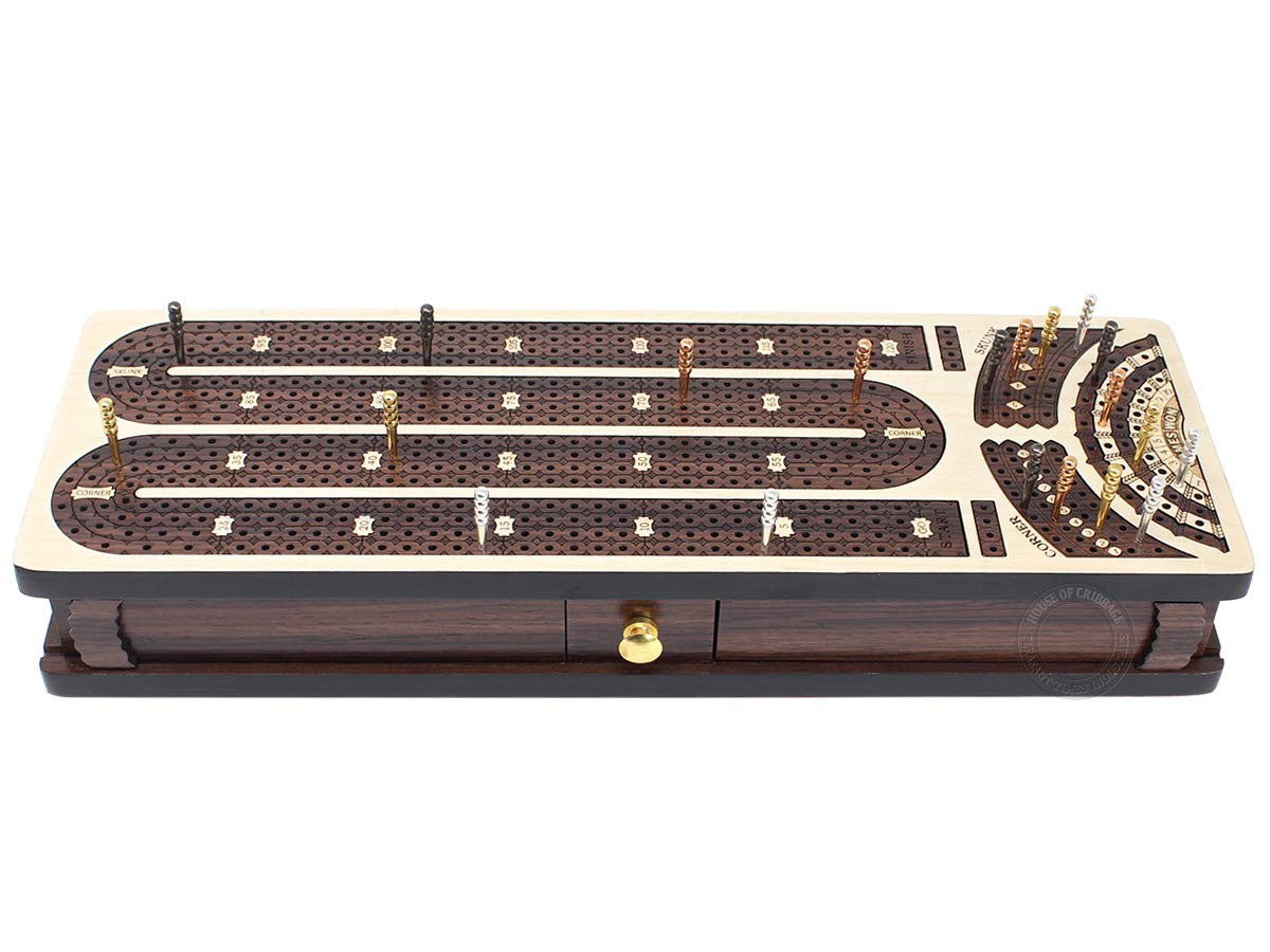Premium Continuous Cribbage Board with 4 Tracks - Maple & Rosewood Inlaid Box with Sliding Lids, Drawer & Score Marking Fields for Skunks, Corners & Won Games | Perfect for Family Game Nights, Travel & Competitive Cribbage Play