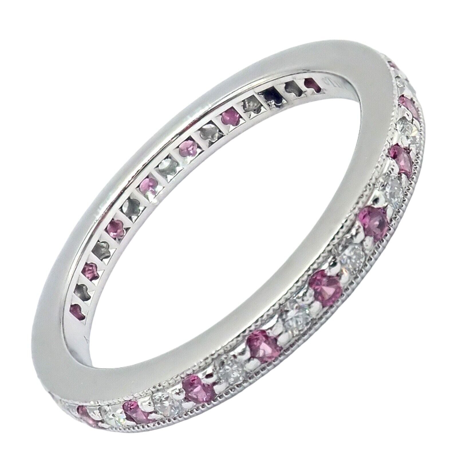Tiffany & Co Platinum Diamond Pink Sapphire Milgrain 2.5mm Wedding Band Ring Size 5.75 - Perfect for Engagement, Anniversary & Special Occasion Gifts