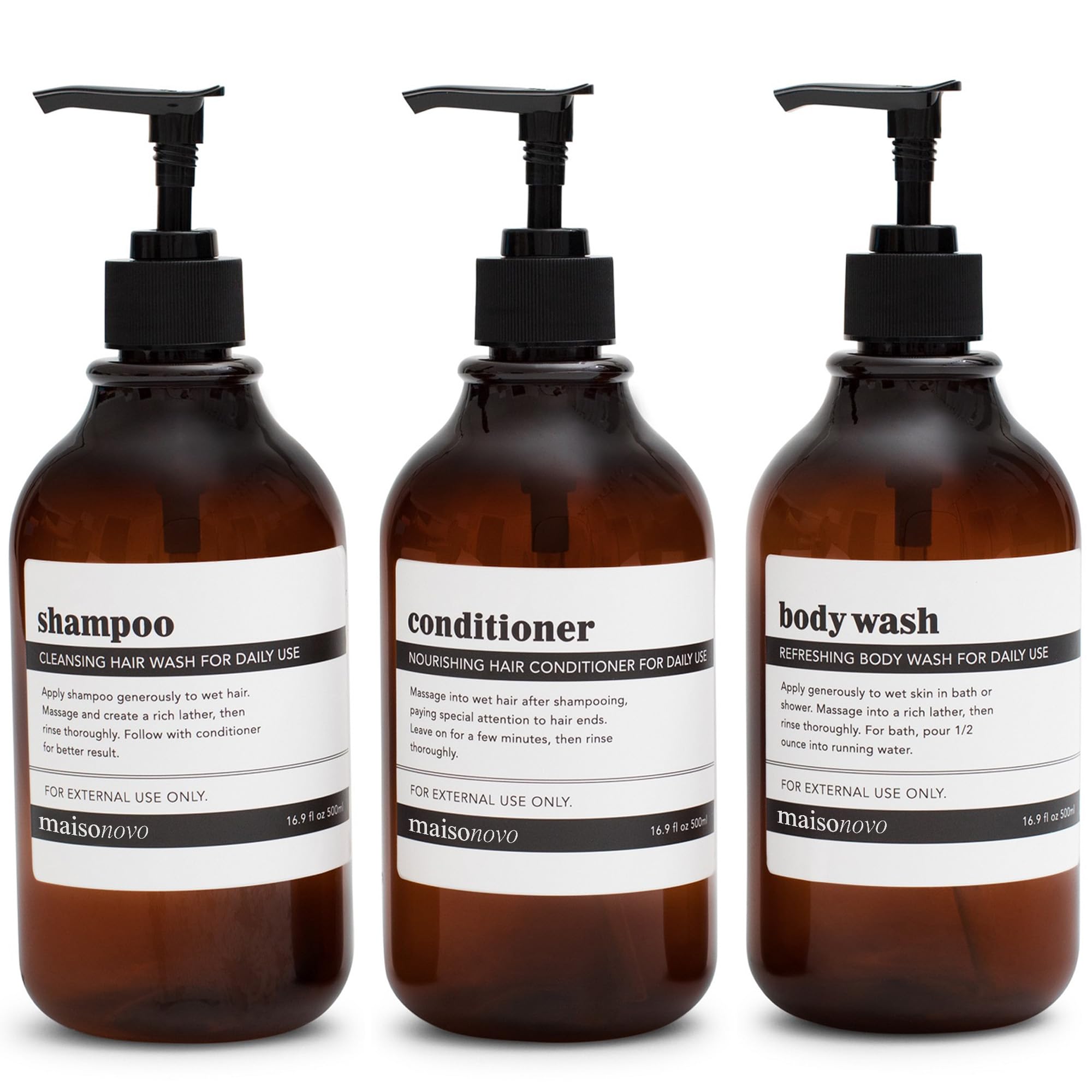 Refillable Shampoo and Conditioner Bottles Set of 3 - 16.9oz Amber Plastic Bottles with Black Pumps for Salon, Travel & Home Use - Eco-Friendly Hair Care Containers