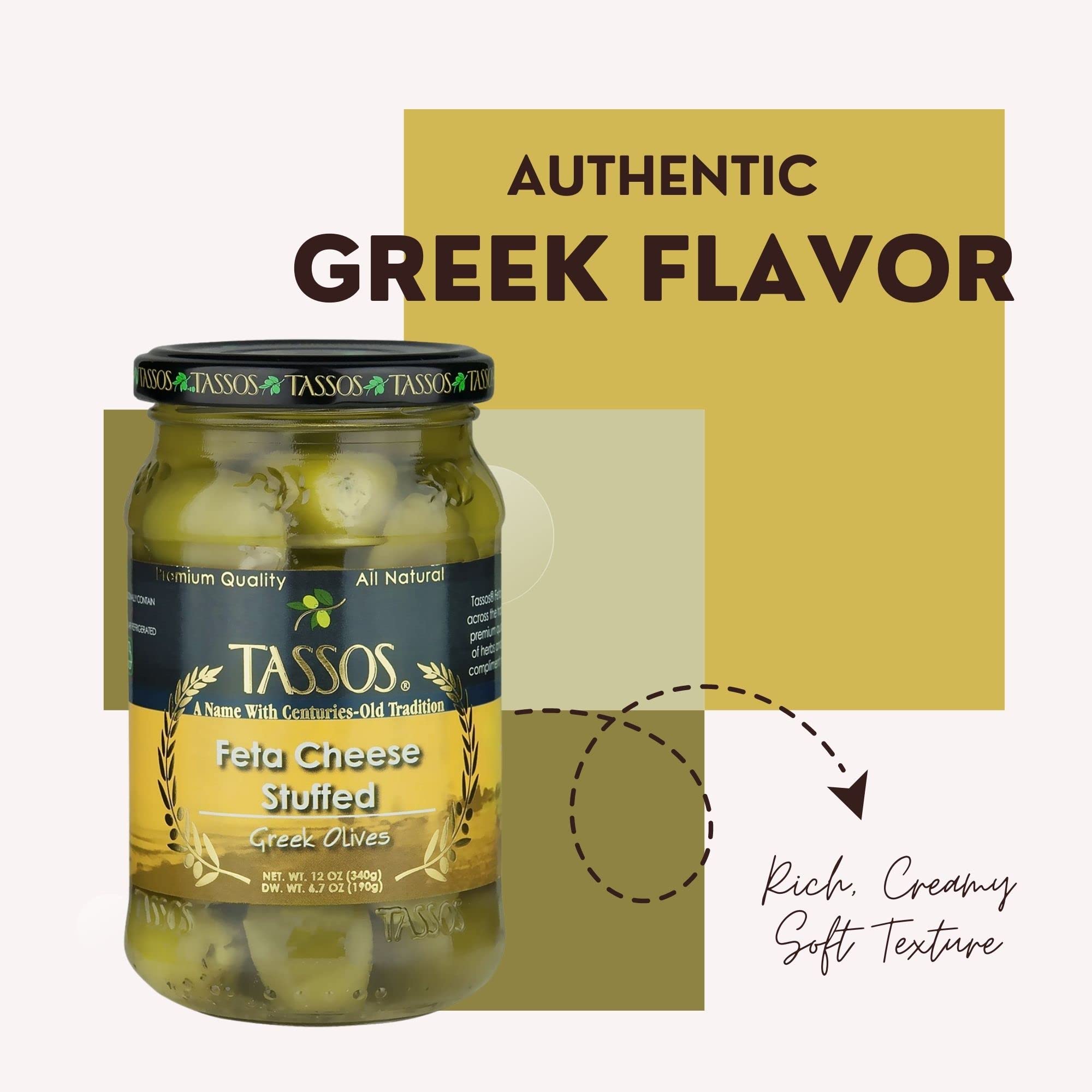 Tassos Stuffed Green Olives with Feta Cheese - 12oz Jar | Premium Mediterranean Snack for Charcuterie Boards, Salads & Cocktail Parties