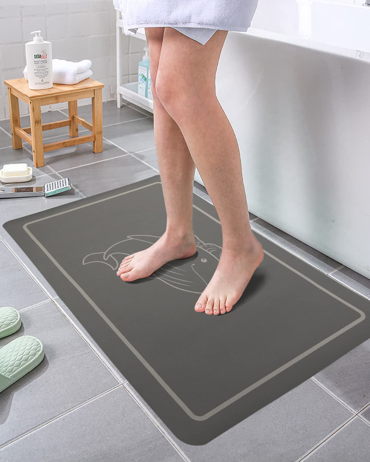 **XXG1984SZ Super Absorbent Bath Mat - Non-Slip Diatomaceous Earth Bathroom Rug, Thin & Fits Under Door - Dark Grey (20x32 Inches) - Perfect for Bathroom, Shower & Spa Use**