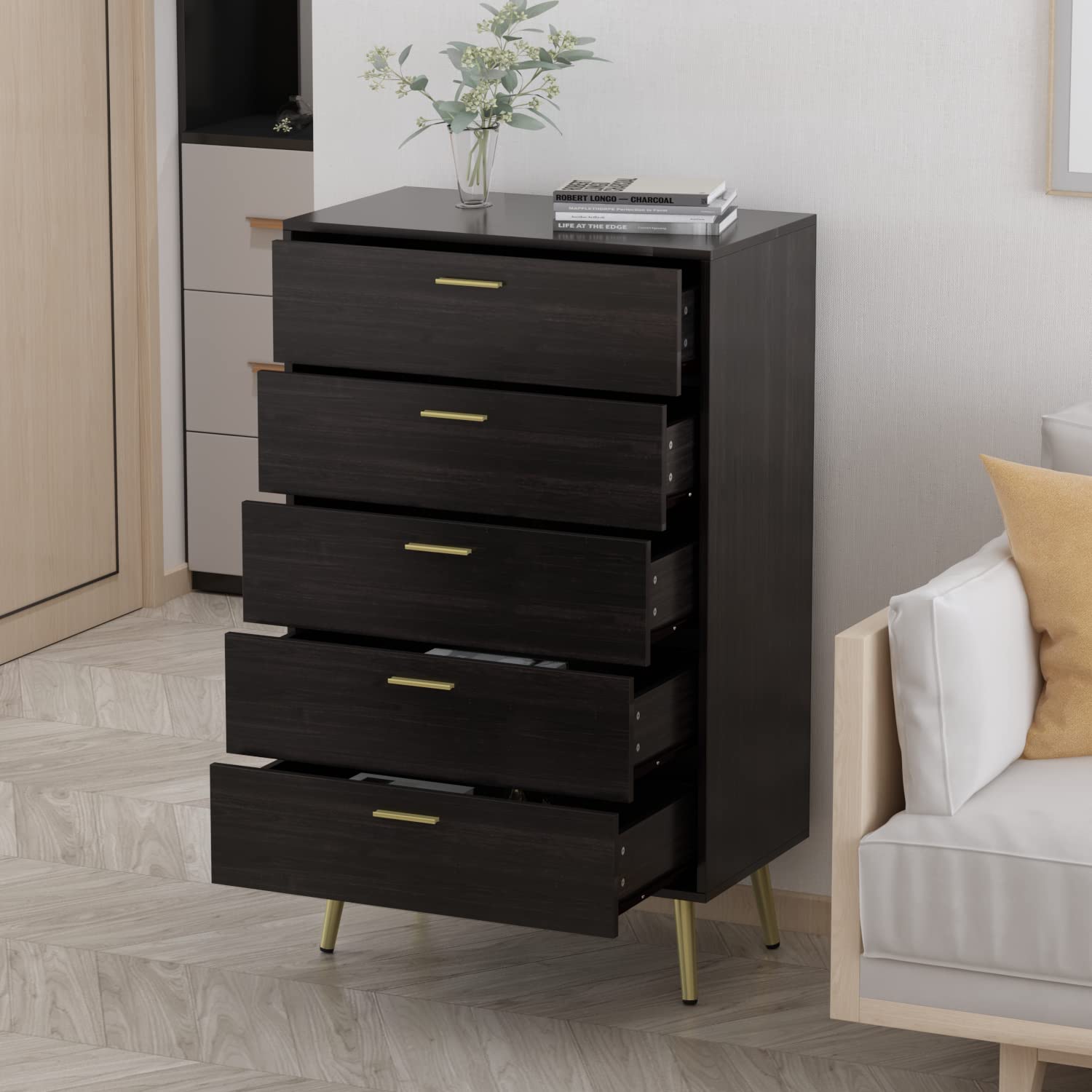 Hitow 5-Drawer Tall Dresser for Bedroom - Wooden Chest of Drawers with Gold Metal Legs, Home Office Storage Cabinet, Black Brown (27.4
