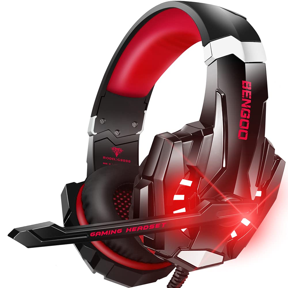 BENGOO Stereo Pro Gaming Headset with Noise Cancelling Mic - Compatible with PS4, PC, Xbox One, Laptop & Mac | Over-Ear Headphones with LED Lights, Bass Surround & Memory Foam Earmuffs | Perfect for Gaming, Streaming & Online Meetings