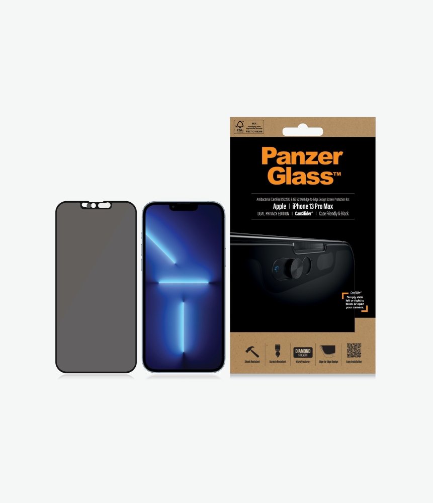 PanzerGlass Privacy CamSlider CF Black Screen Protector for iPhone 13 Pro Max - Anti-Spy Tempered Glass with Camera Cover - Perfect for Work, Banking & Private Browsing
