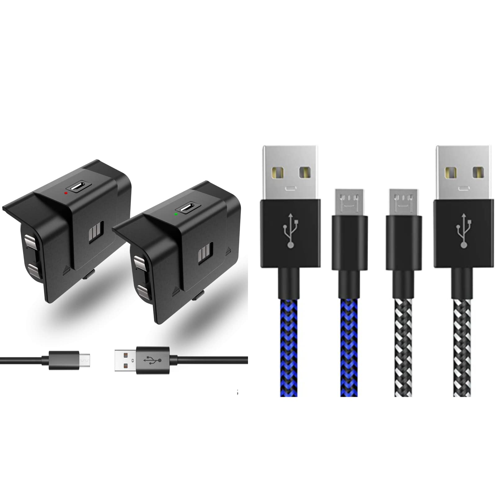 6ft Xbox One Controller Charger Cable & Rechargeable Battery Pack 2-Pack Set - Fast Charging Micro USB Cable with LED Indicator for Xbox One/S/X Controllers - Perfect for Gaming Sessions & Travel Accessories