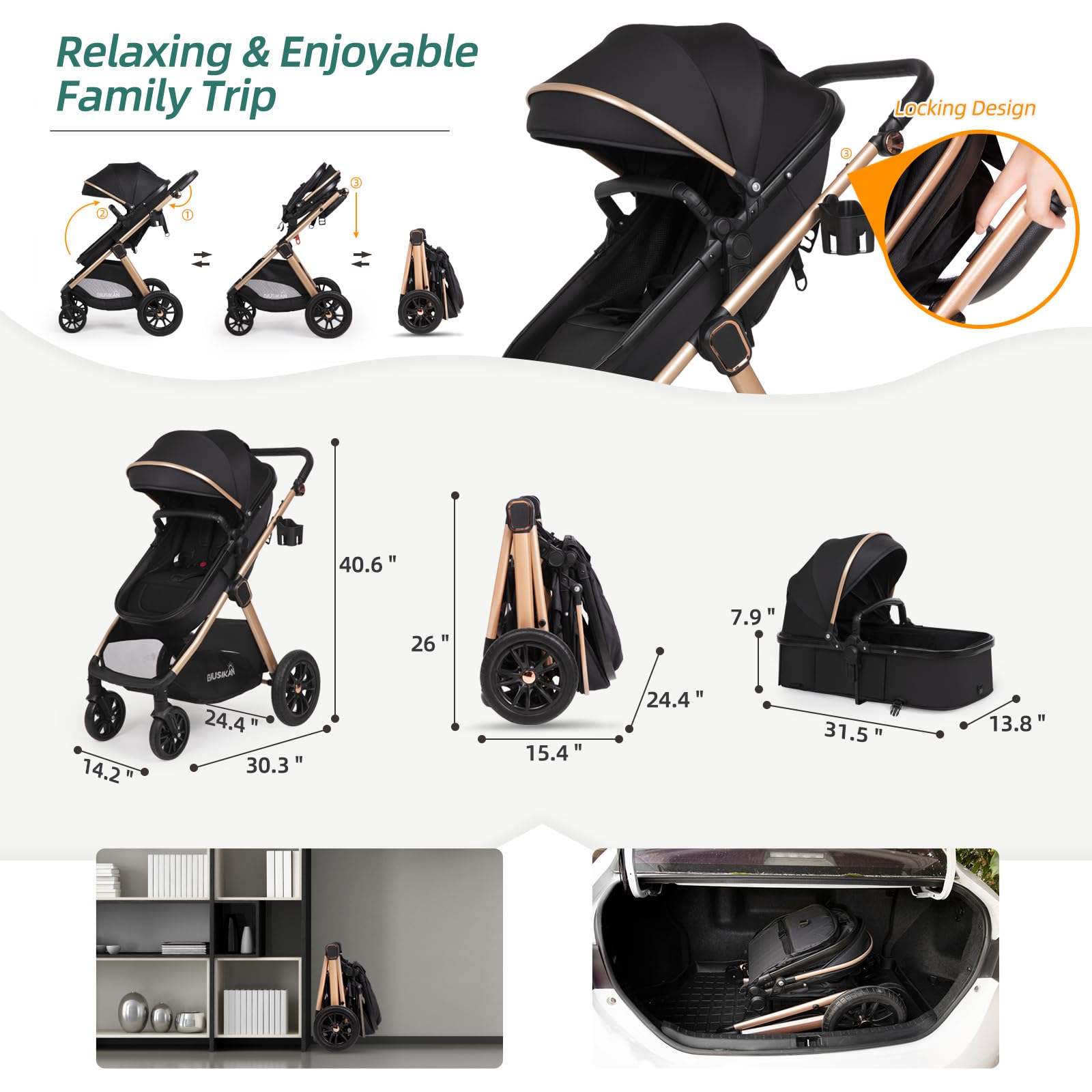 6-in-1 Convertible Baby Stroller with Bassinet Mode - Lightweight Travel Stroller for Newborn to Toddler with Footmuff, Rain Cover, Cup Holder & Large Storage Basket | All-Terrain Wheels, Reversible Seat (Black) | Perfect for Shopping, Travel & Daily Walks