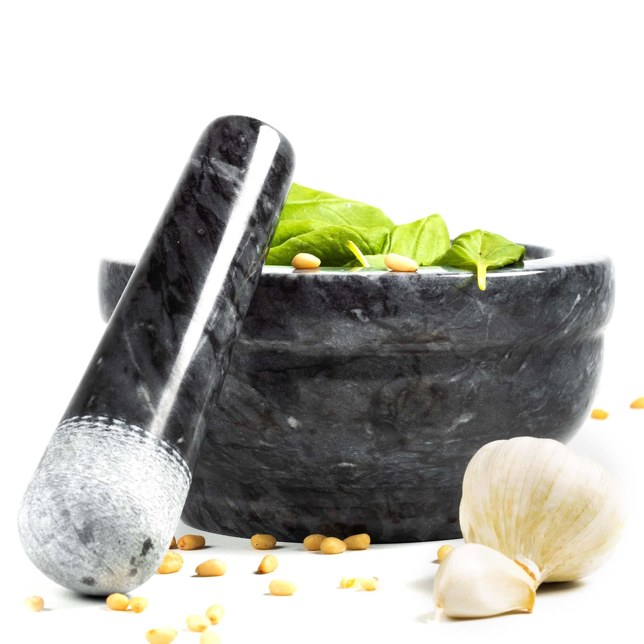 Premium 15CM Black Marble Mortar and Pestle Set - Solid Natural Stone Spice & Herb Grinder for Cooking - Smooth Polished Surface for Comfortable Grip - Perfect for Crushing Spices, Herbs, Garlic & Making Guacamole, Pesto & Cocktail Muddling