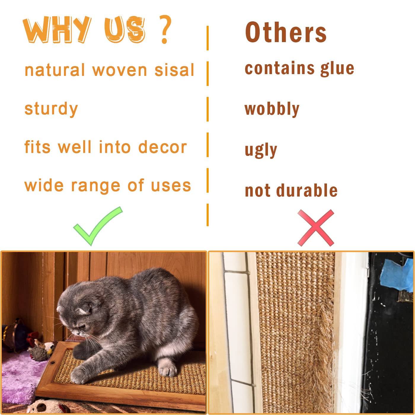 Premium 2-Pack Wooden Sisal Cat Scratching Post - Wall Mounted & Floor Standing Vertical Cat Scratcher for Indoor Cats & Kittens | Protects Furniture & Walls | Perfect for Living Rooms, Bedrooms & Home Offices