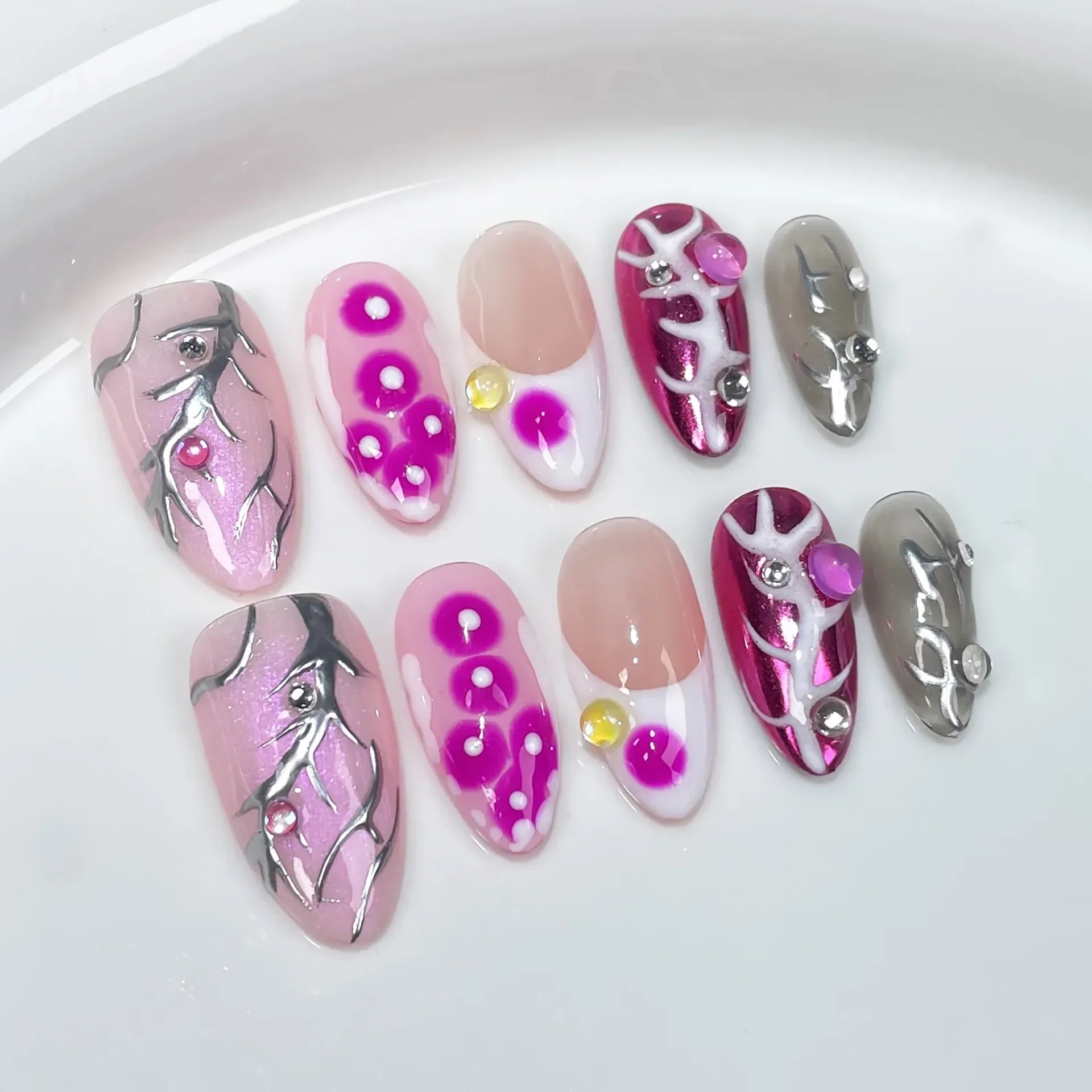 10Pcs Metallic Almond Press-On Fake Nails with Glue - Dark Color Full Cover False Nails for Manicure | Sweet & Cool Gel Nail Tips for Party, Wedding, Date Night & Special Occasions
