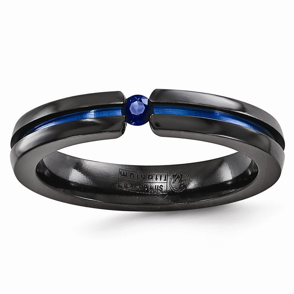 Solid Black Titanium Sapphire Blue September Gemstone & Blue Anodized 4mm Wedding Band Ring for Men & Women – Perfect for Engagement, Anniversary, and Special Occasions