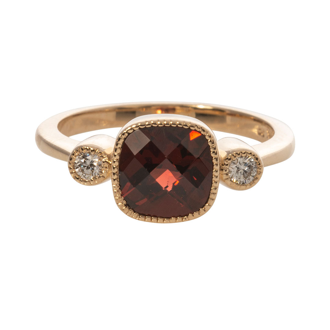 14K Yellow Gold Garnet & Diamond Ring for Women - Elegant Cushion Garnet with Round Diamond Accents - Perfect for Engagement, Anniversary & Special Occasions