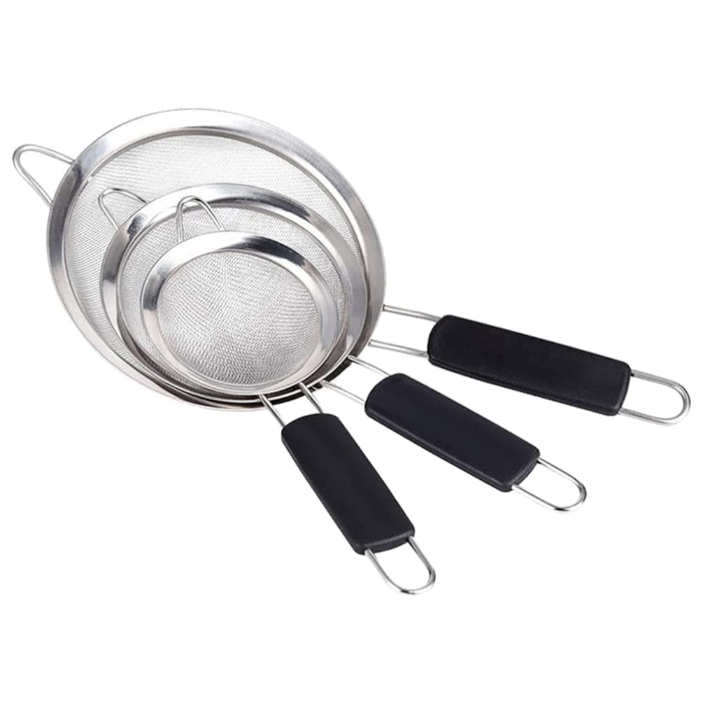 Premium Stainless Steel Fine Mesh Strainers Set - 3 Sizes Kitchen Colander with Ergonomic Handle for Baking, Cooking & Food Prep | Ideal for Sifting Flour, Straining Pasta, Rice & Vegetables | Dishwasher Safe Durable Kitchen Tools