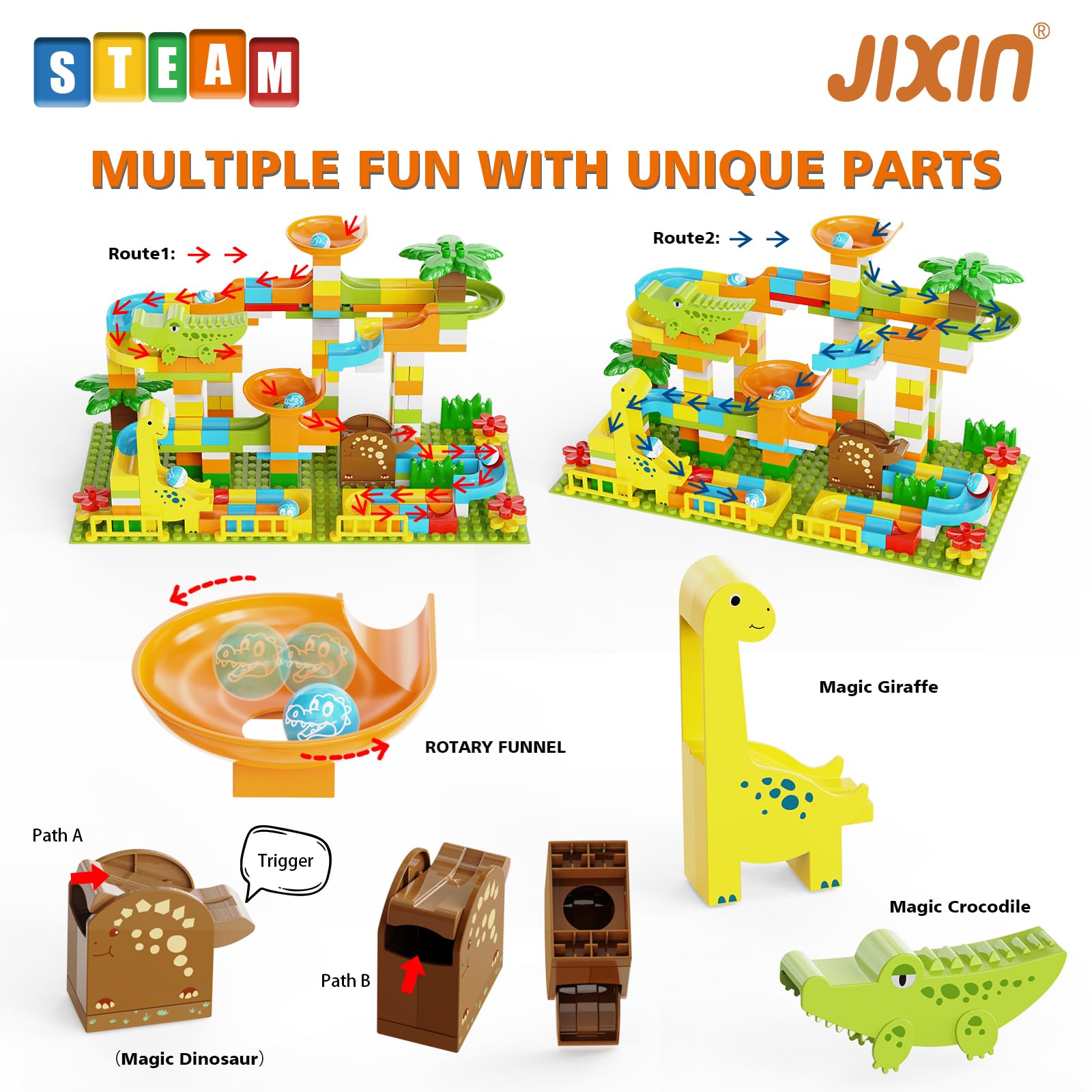 JIXIn 187Pcs Dinosaur Marble Run Building Blocks - STEM Educational Toys for Kids Ages 3-8, Compatible with Lego DUPLO - Montessori Learning Toys for Toddlers 2-5 Years | Fun Indoor Play for Birthday Gifts & Preschool Activities