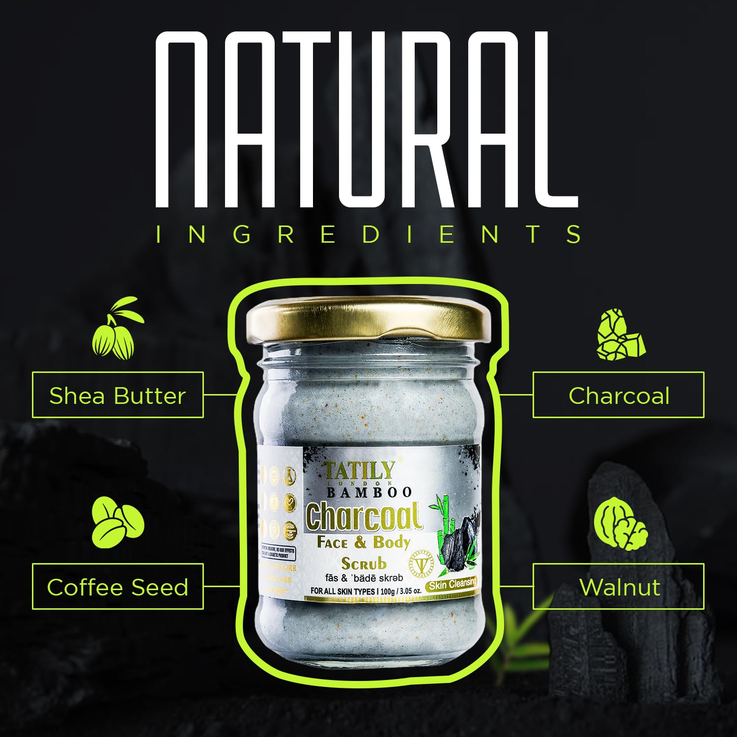 Tatily Charcoal Face & Body Scrub (100g) - Deep Exfoliating Cleanser for All Skin Types | Dead Skin & Tan Remover | Perfect for Spa Days & At-Home Skincare Routines