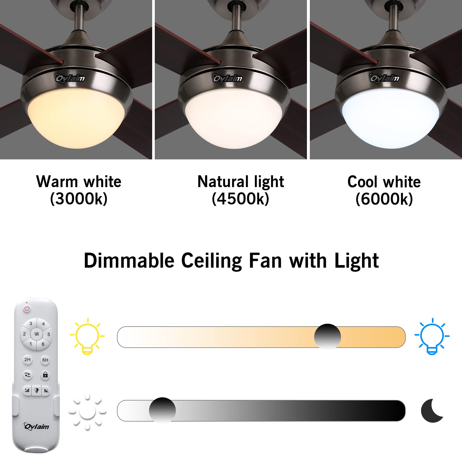 Ovlaim 48 Inch Wood Ceiling Fan with LED Light and Remote Control - Ultra Quiet DC Motor, 4 Blades, Brown - Perfect for Bedroom, Living Room, Office and Indoor Spaces