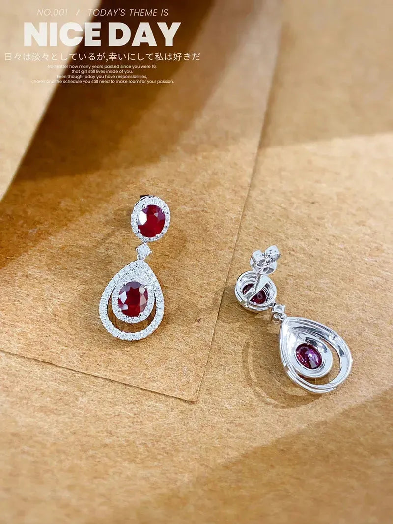 18K White Gold Diamond & Ruby Drop Earrings for Women | Luxury Elegant Dangle Earrings | Perfect for Senior Banquets, Weddings & Formal Events