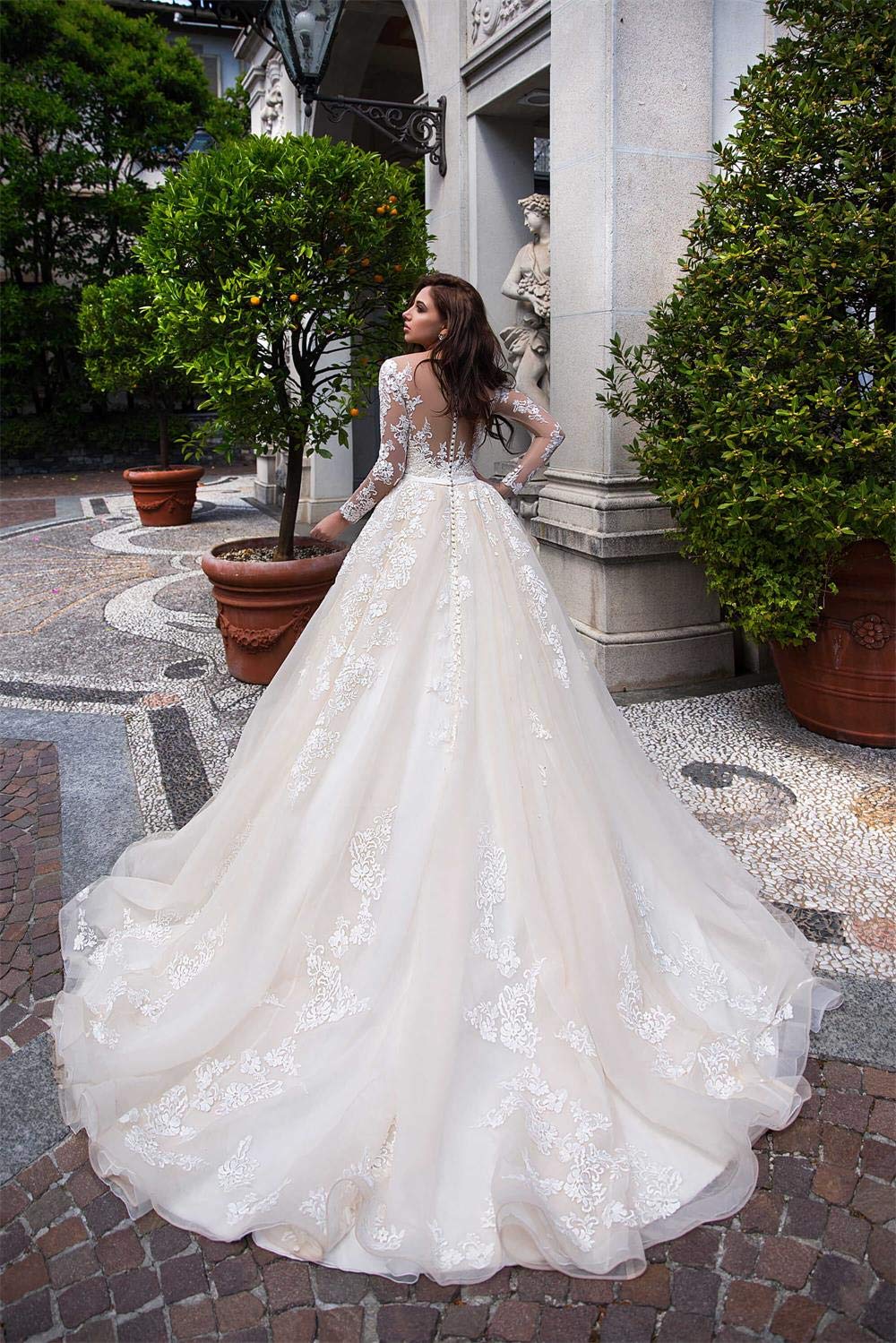 Elegant Ivory Lace A-Line Wedding Dress for Bride 2021 - Long Sleeve Princess Beach Bridal Gown | Perfect for Beach Weddings, Outdoor Ceremonies & Romantic Photoshoots