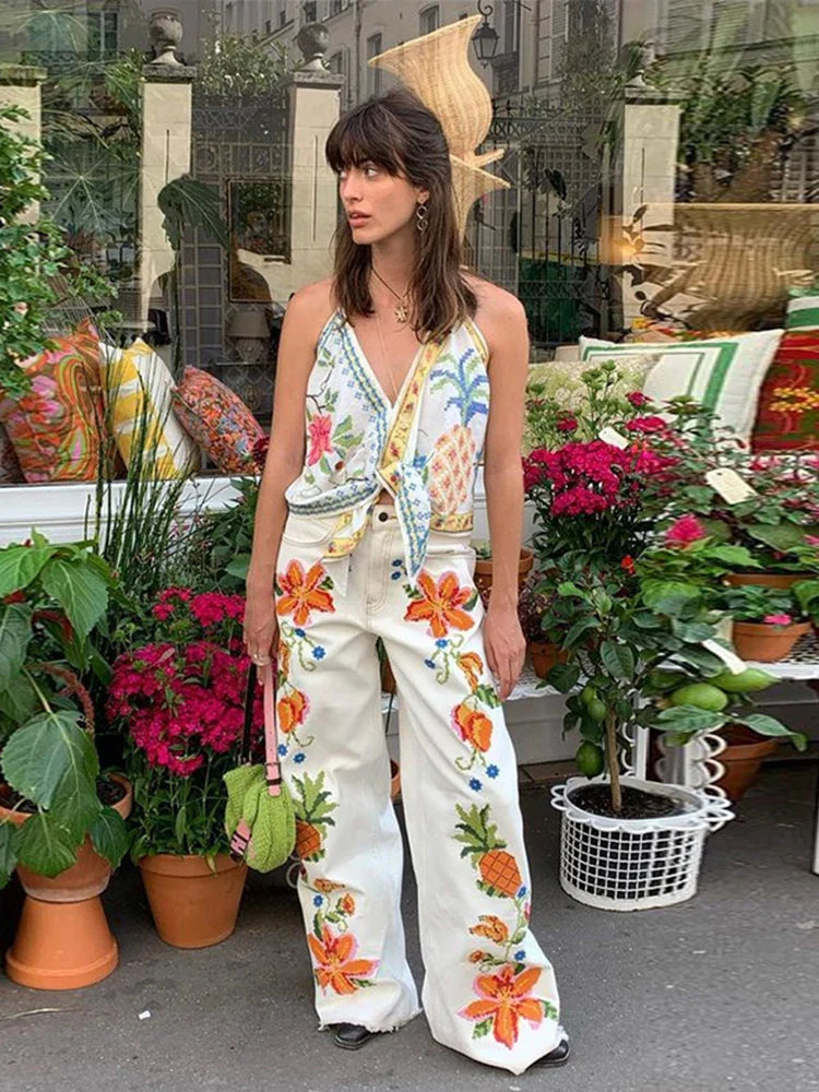 Women's Fashion Beach Print Tank Top & Wide Leg Zipper Pants 2-Piece Set - Halter Backless Sleeveless Vest Outfit for Summer Vacations, Pool Parties & Tropical Getaways 2024