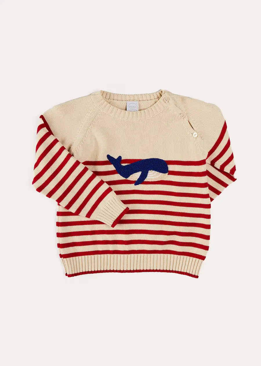 Whale Intarsia Striped Knit Jumper for Kids (6 Months to 6 Years) - Cozy Red Sweater for Playdates & Family Photos
