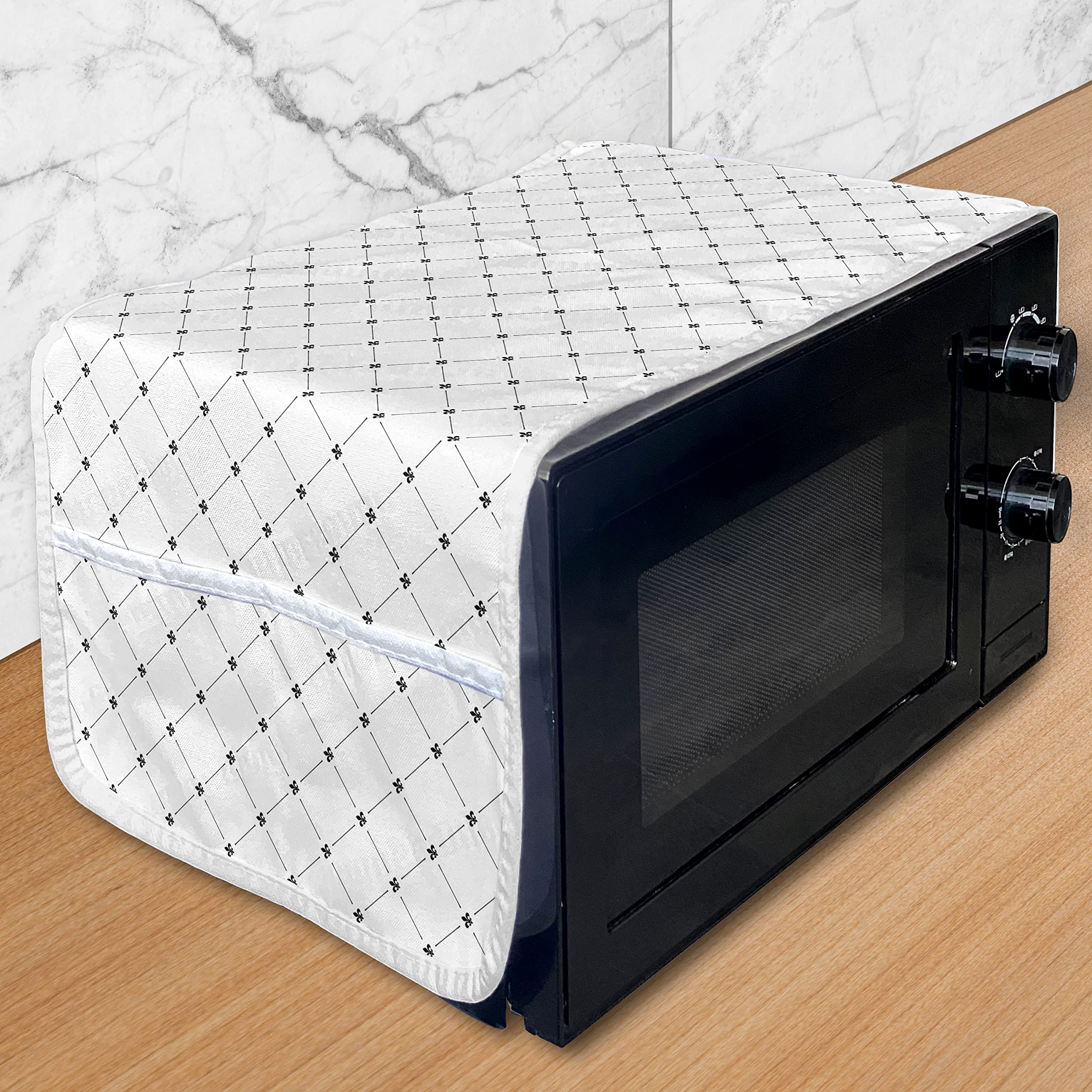 Ambesonne Vintage Fleur De Lis Microwave Cover - Monochrome Damask Pattern with Geometric Diamond Lines, Waterproof Kitchen Organizer with Pockets, 36 x 12 Inches, White & Black - Perfect for Microwave Protection and Stylish Kitchen Decor