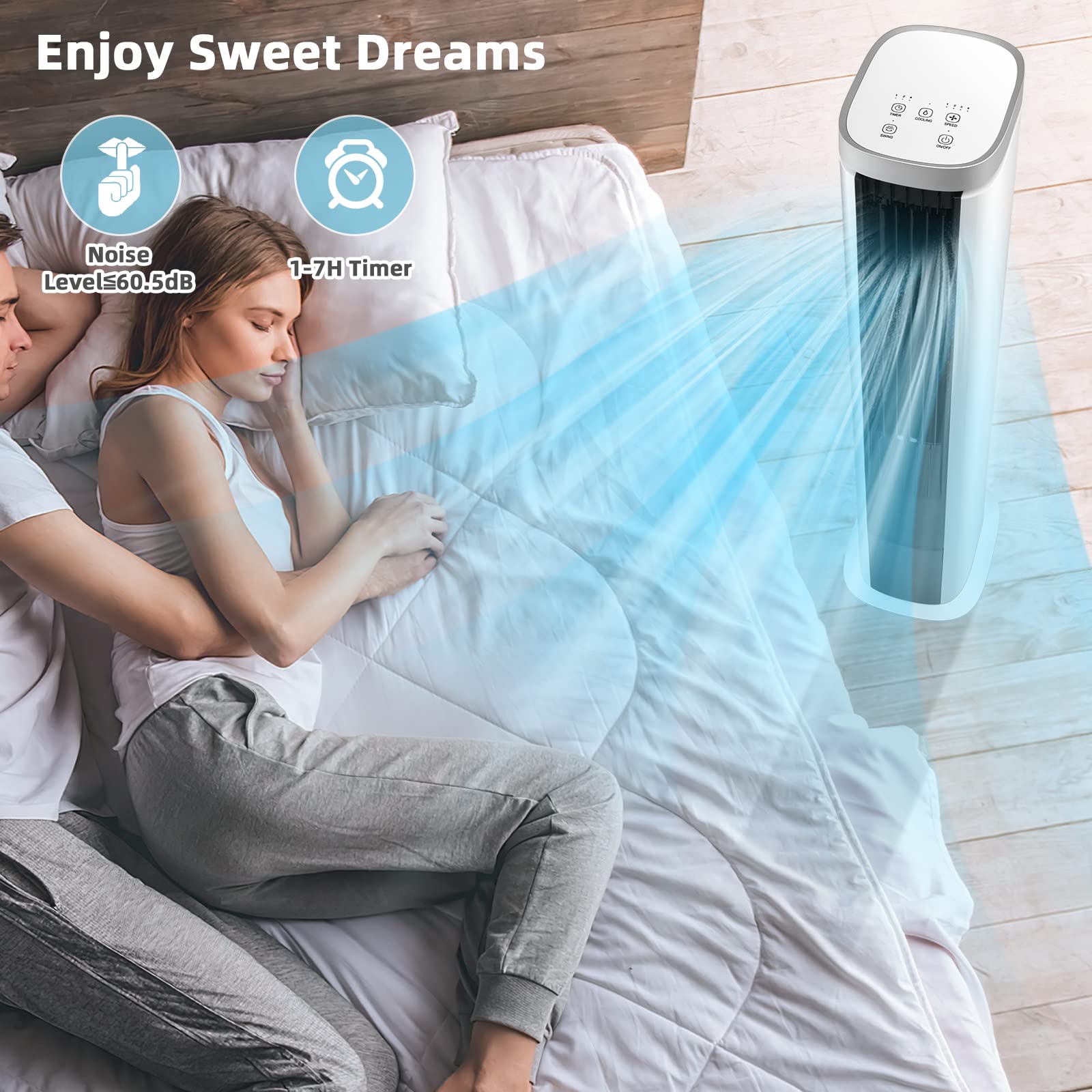 PETSITE Portable Air Conditioner for Windowless Rooms - 3-in-1 Evaporative Cooler with Remote Control, 4 Speed Settings, 7H Timer & 4 Ice Packs - Personal Bladeless Tower Fan & Swamp Cooler for Home, Office, Bedroom - Perfect for Summer Cooling, Small Spaces & Energy-Efficient Climate Control