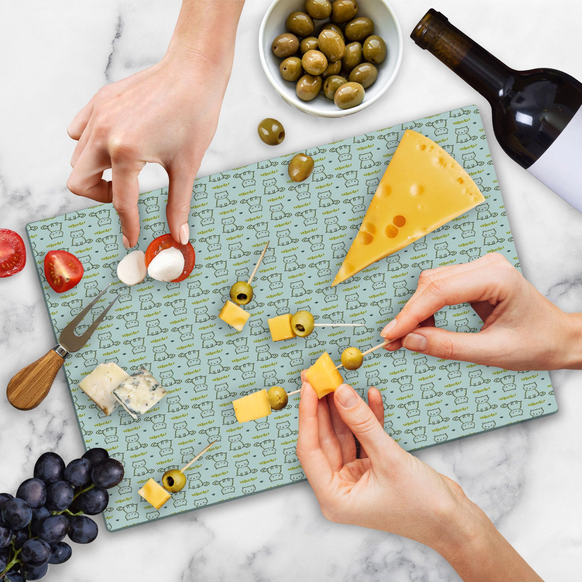Ambesonne Cat Themed Tempered Glass Cutting Board - Decorative Serving Board with Cursive Meow & Upside Down Kittens Design - Large Size in Pale Earth Yellow, Dark Grey, White & Pale Pink - Perfect for Kitchen Prep, Charcuterie Display & Cat Lover Gifts