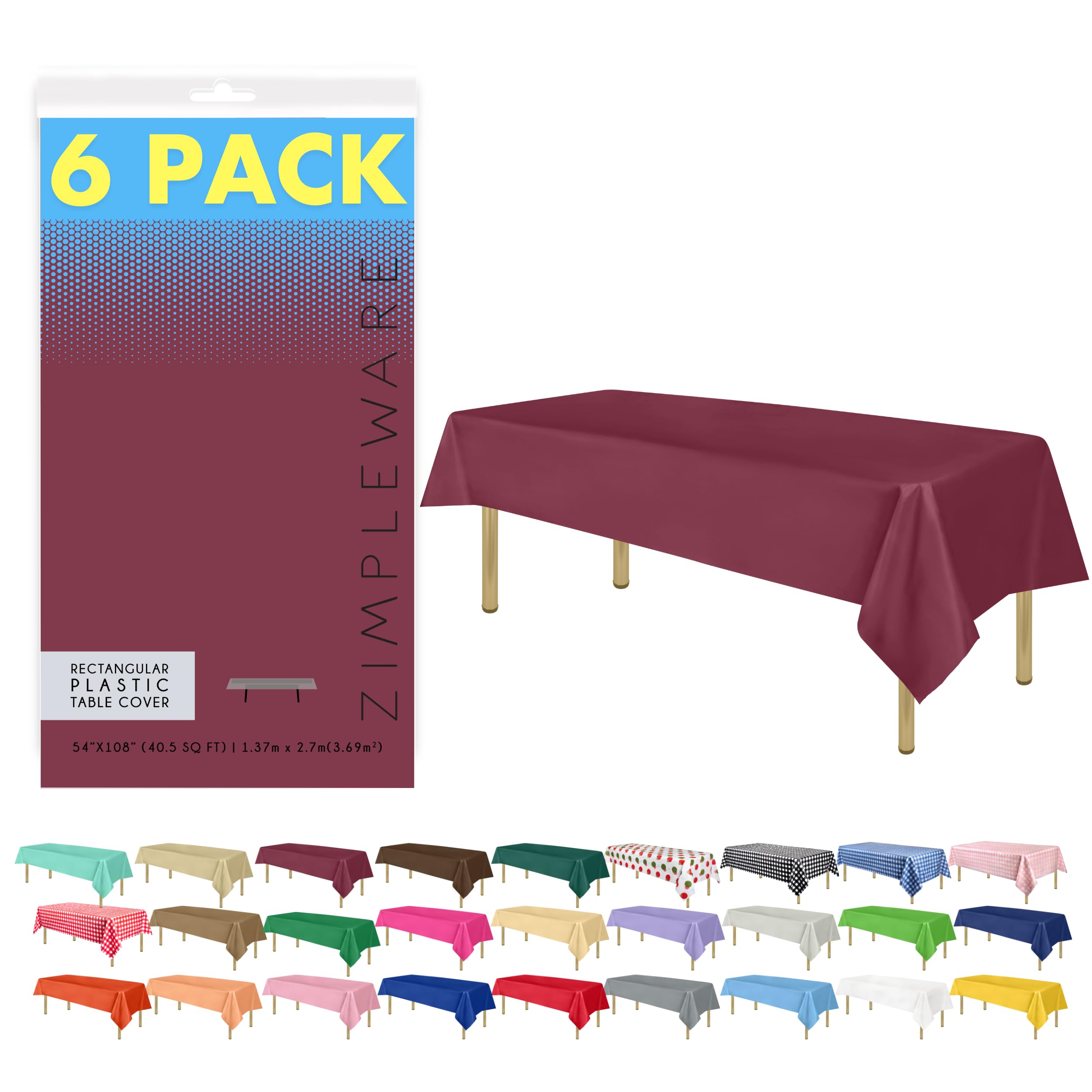 Premium Disposable Plastic Tablecloth for Parties - 6 Pack Berry Color Rectangle Table Cover (54x108 Inches) - Ideal for 6ft to 8ft Tables, Picnics, BBQs & Outdoor Events
