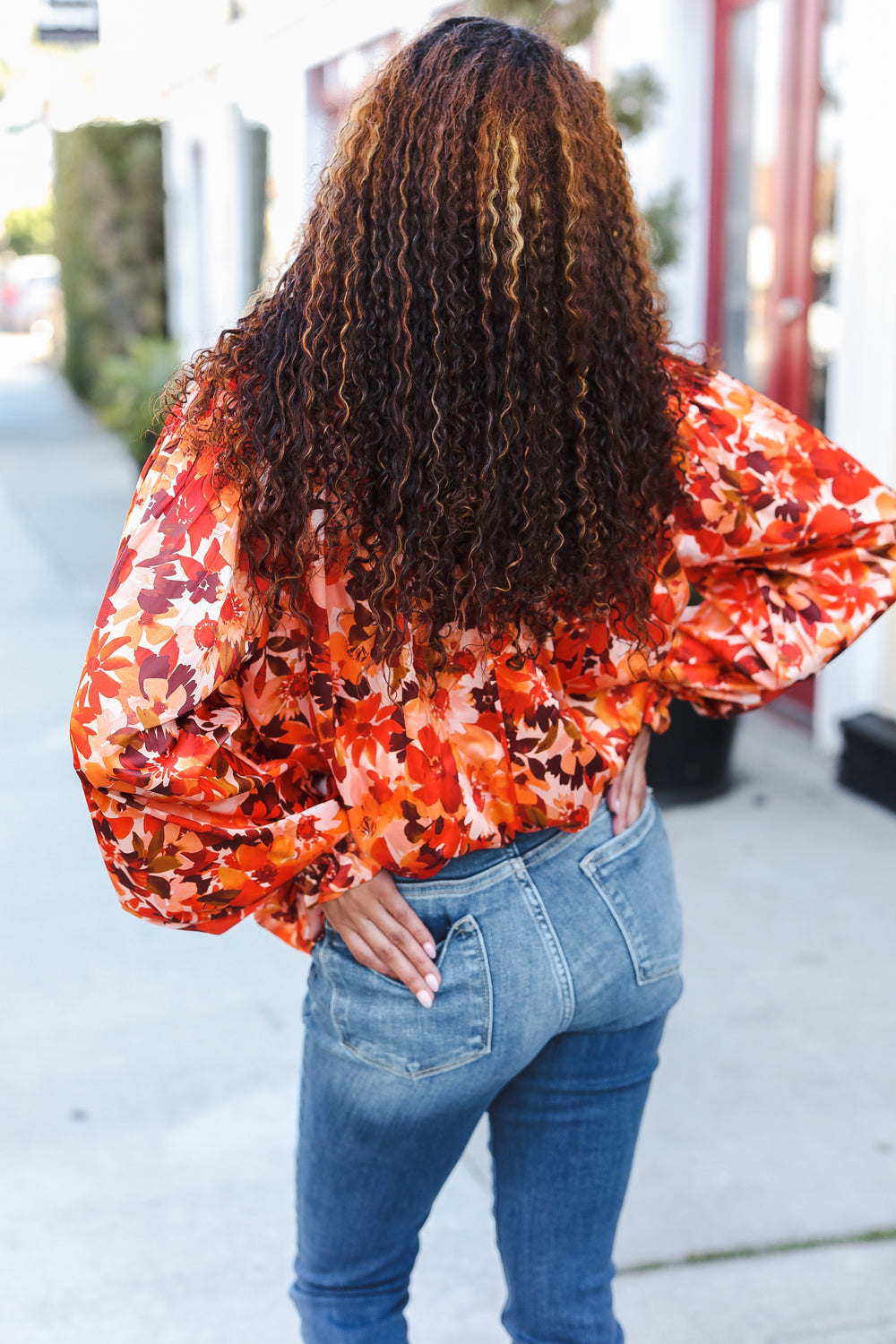 Fall Vibes Rust Floral Print Notched Neck Smocked Satin Blouse - Elegant Women's Tops for Autumn Outfits, Date Nights & Office Wear