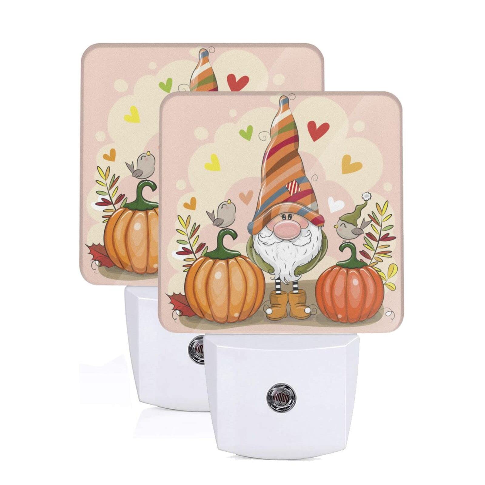 2-Piece Fall Cartoon Gnome Pumpkin LED Night Light with Auto Dusk-to-Dawn Sensor - Plug-in LED Home Decor Bedside Lamp for Kids & Adults - Perfect for Nursery, Bedroom, Halloween Decor, and Cozy Autumn Ambiance