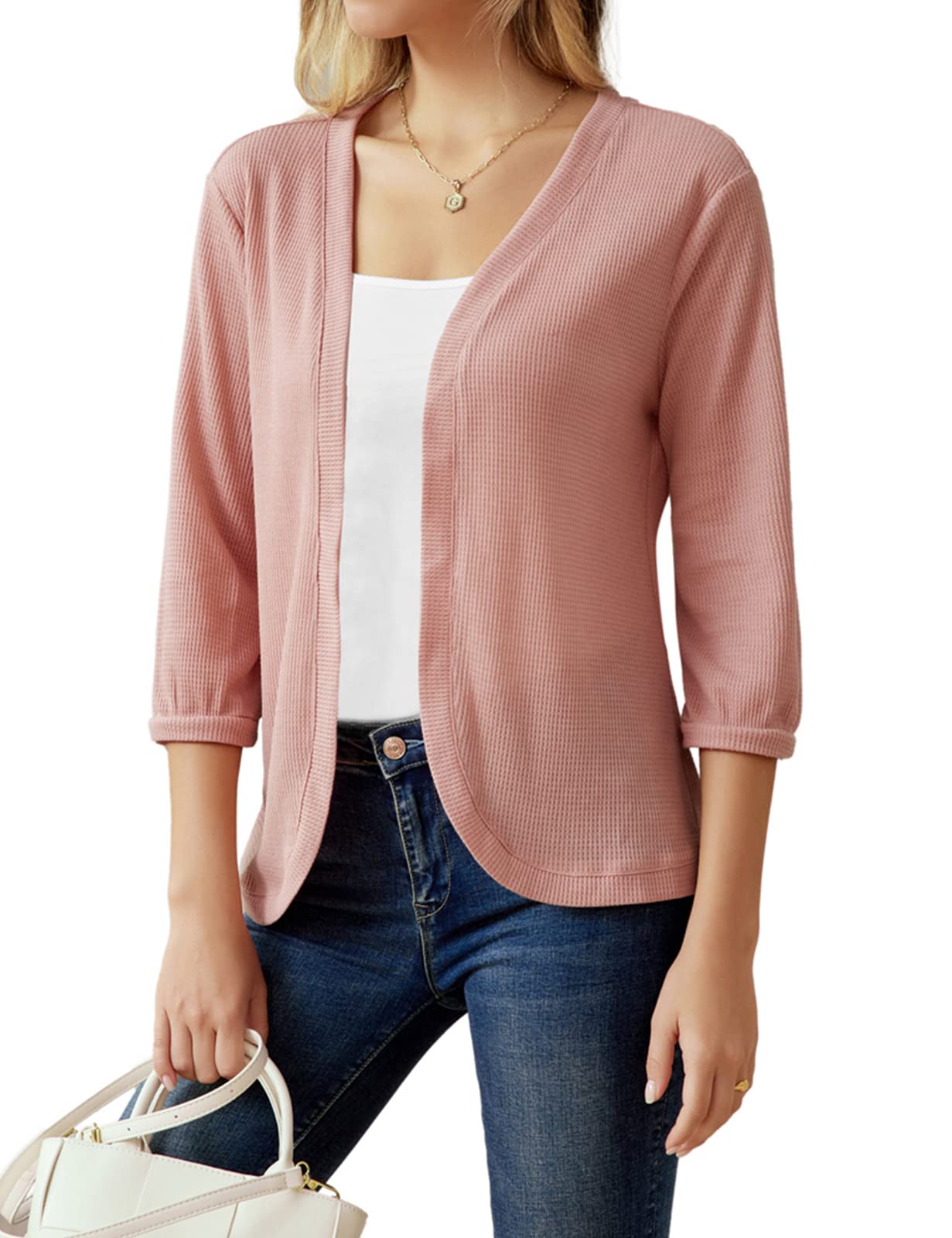 GRACE KARIN Women's Open Front Cardigan 3/4 Sleeve Waffle Knit Casual Sweater - Lightweight Knit Cardigan for Women, Perfect for Spring/Fall Layering, Office Wear & Coffee Dates