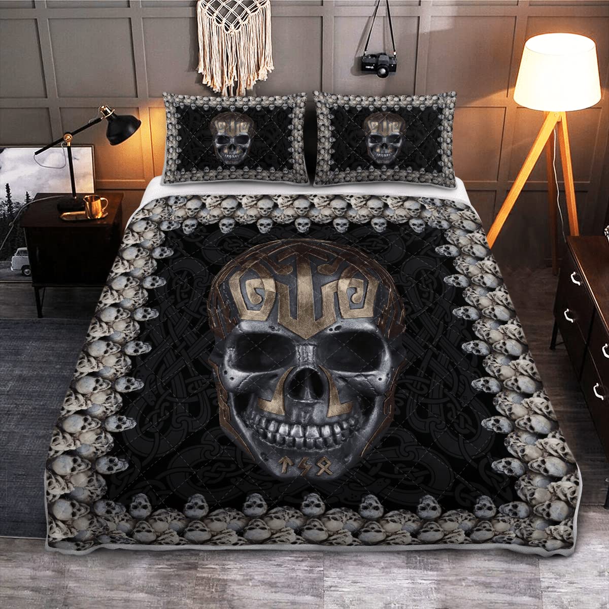Viking Skull Halloween Quilt Bedding Set - Twin, Queen, King Size - Norse Themed Bed Throw Blanket for Bedroom Decor - Perfect Gift for Viking Lovers (Na118) - Great for Halloween Parties, Viking Themed Rooms, and Unique Home Decor