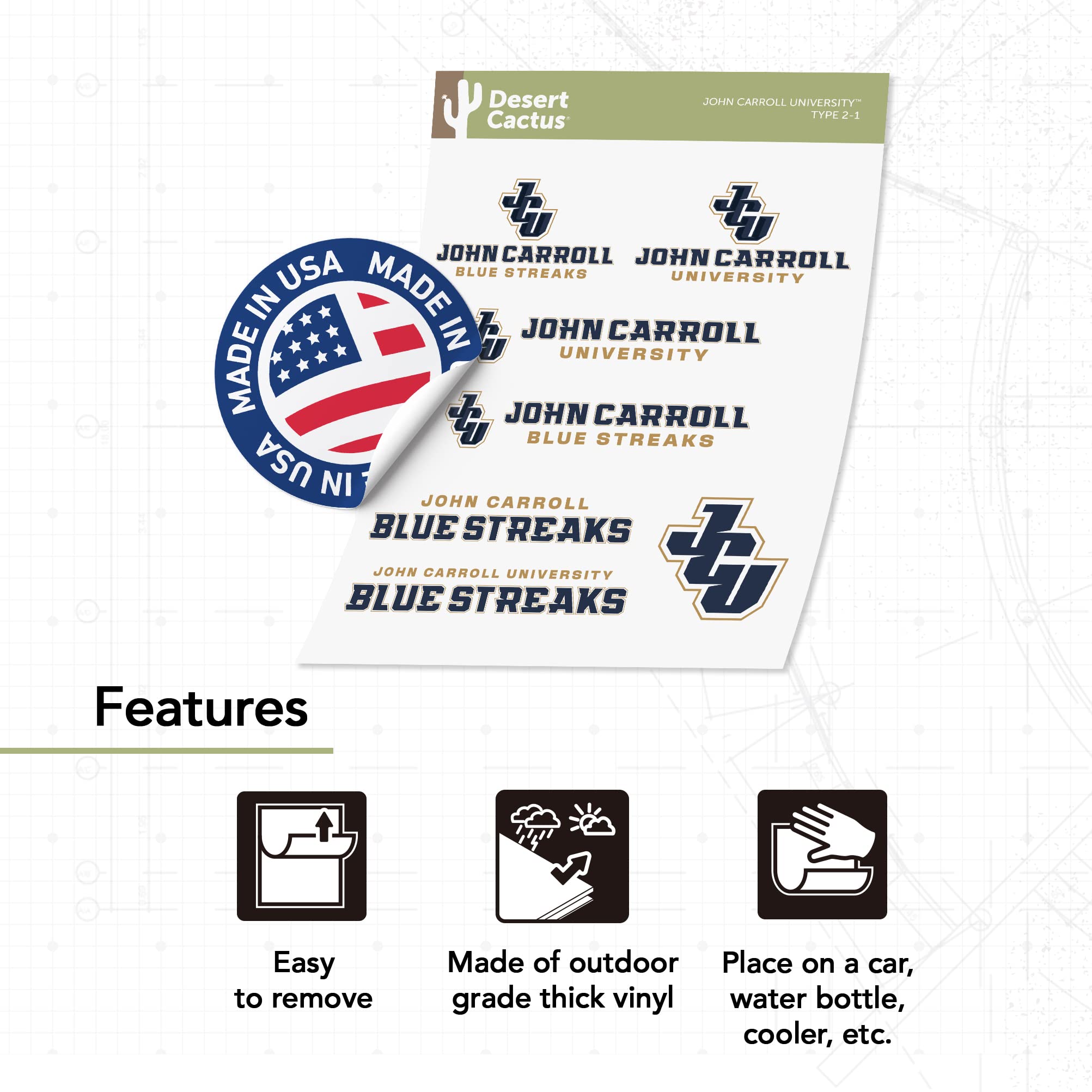 Desert Cactus John Carroll University Sticker | JCU Blue Streaks Vinyl Decals for Laptop, Water Bottle, Car & Scrapbook | Durable Waterproof Decal Sheet | Perfect for School Spirit, College Dorm Decor & Fan Gear