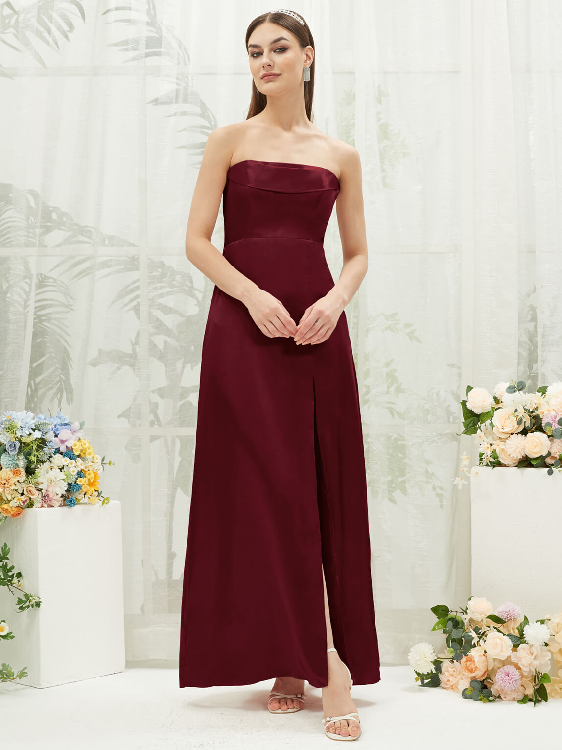 Elegant Burgundy Satin Convertible Slit Maxi Bridesmaid Dress - Perfect for Weddings, Prom & Formal Events