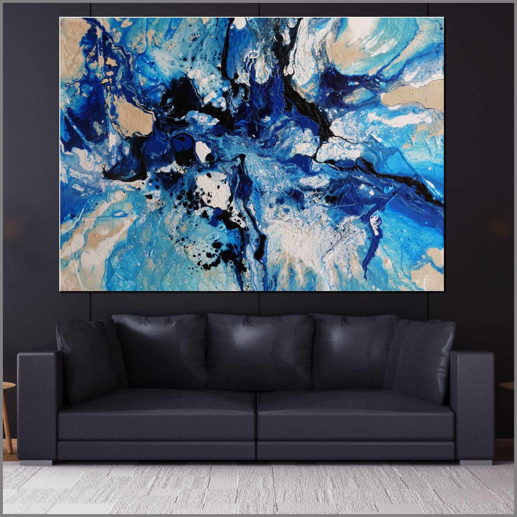 140cm x 100cm Blue Cream Textured Abstract Ocean Painting - Modern Wall Art for Living Room, Bedroom & Office Decor