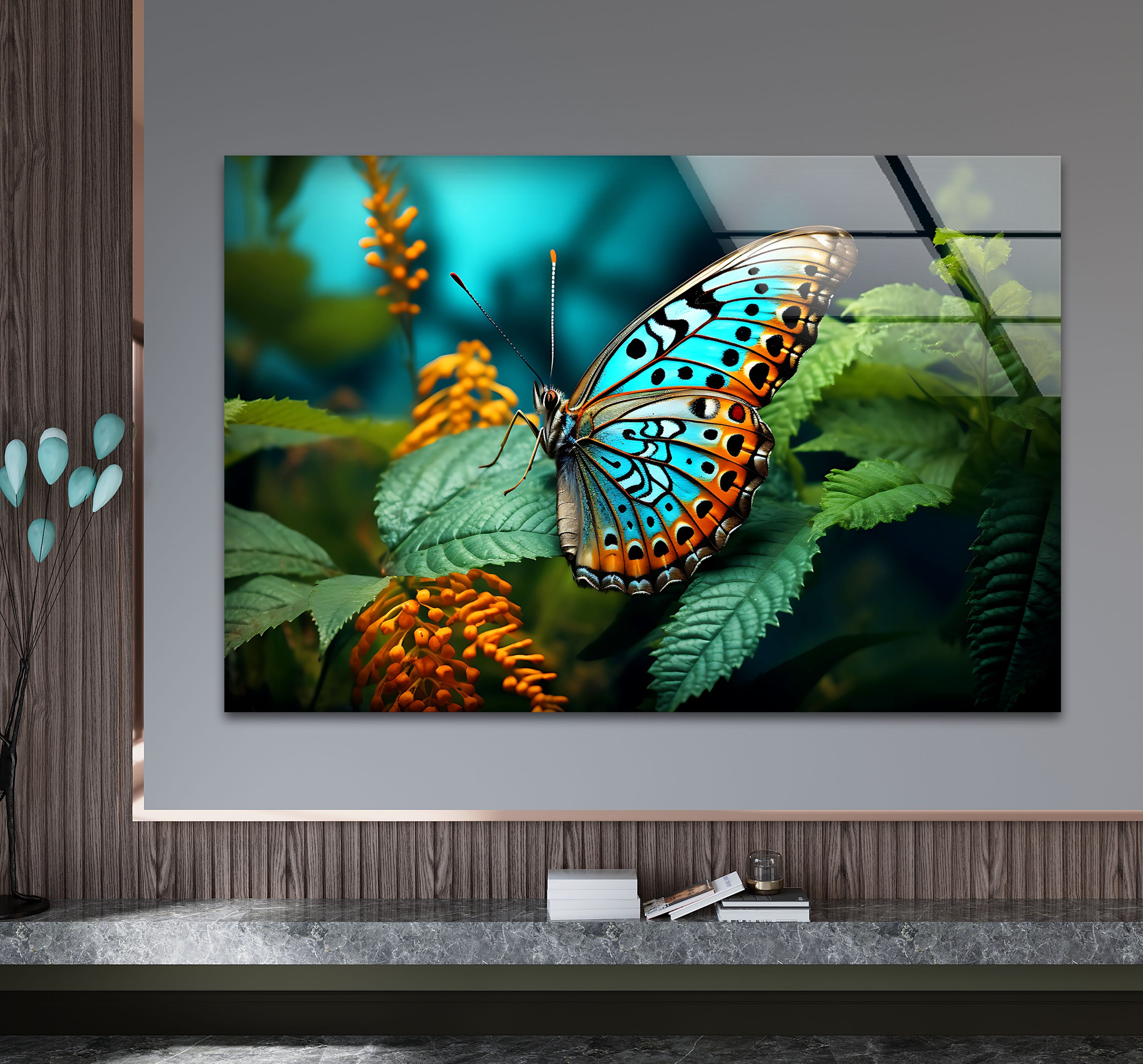 Blue Monarch Glass Wall Art - Vibrant Butterfly on Leaf Print | Elegant Home Decor for Living Room, Bedroom & Office | Perfect Gift for Nature Lovers