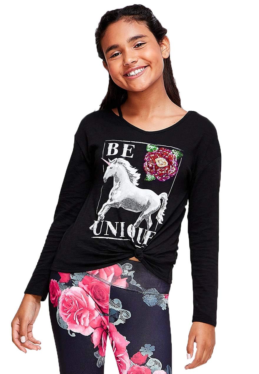 Justice Girl's Slit Neck Embellished Tee - Black Size 8 | Stylish Casual Wear for Everyday Outfits