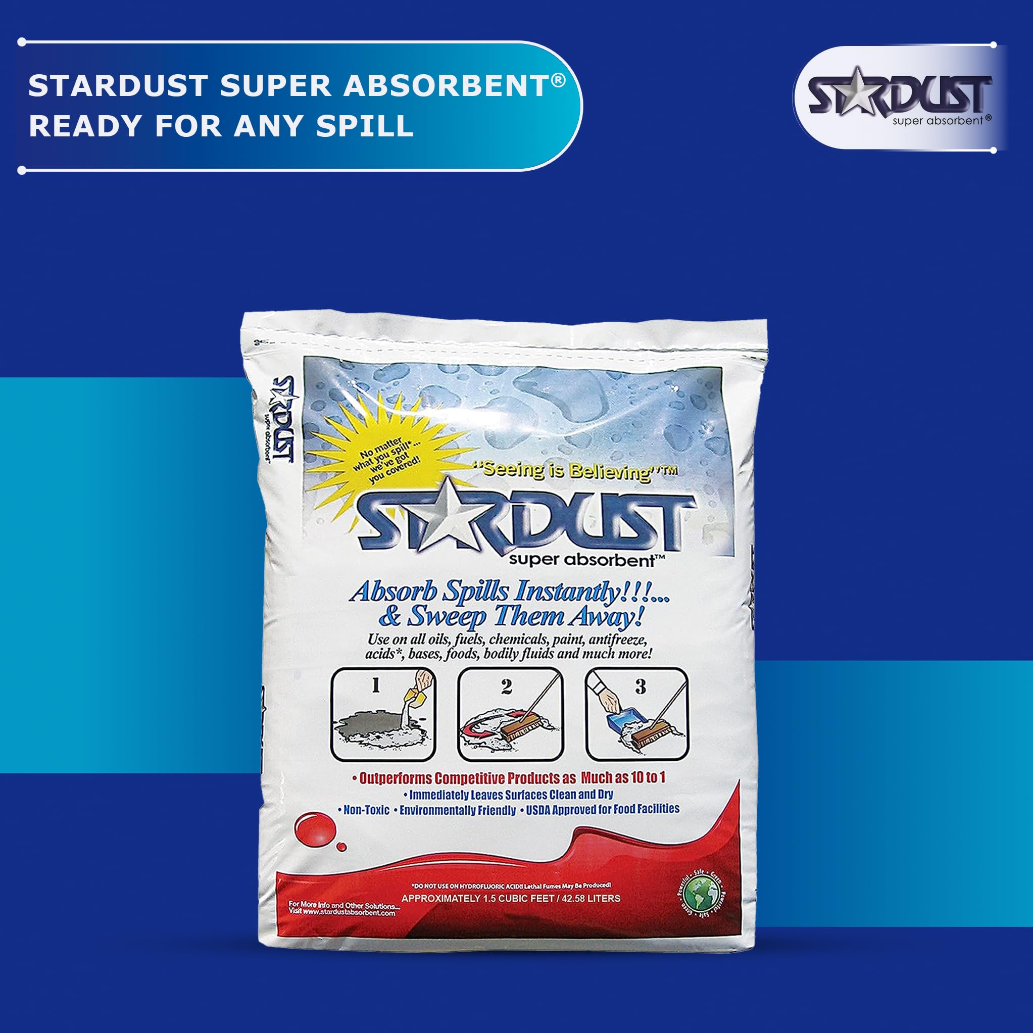 Premium 1.5 Cu.Ft. Stardust Absorbent Powder Bag - Oil & Liquid Spill Cleanup, Non-Toxic Floor Dry Absorbent for Garages, Workshops & Industrial Use - Fast-Acting Spill Absorber Solution for Oil, Chemicals & Water