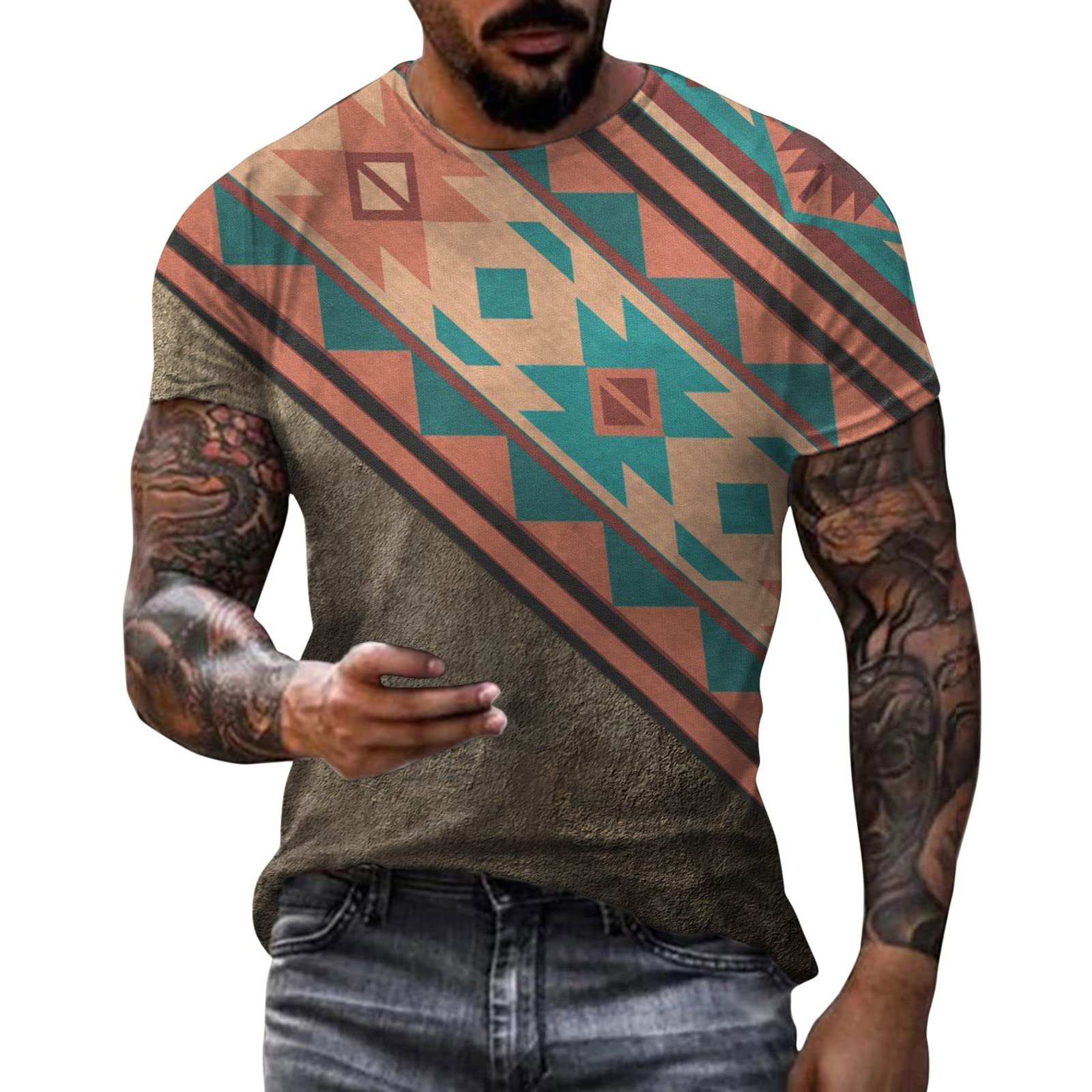 Men's Ethnic Print Short Sleeve T-Shirt - Summer Casual Round Neck Cat Graphic Tee for Outdoor Activities & Streetwear Fashion