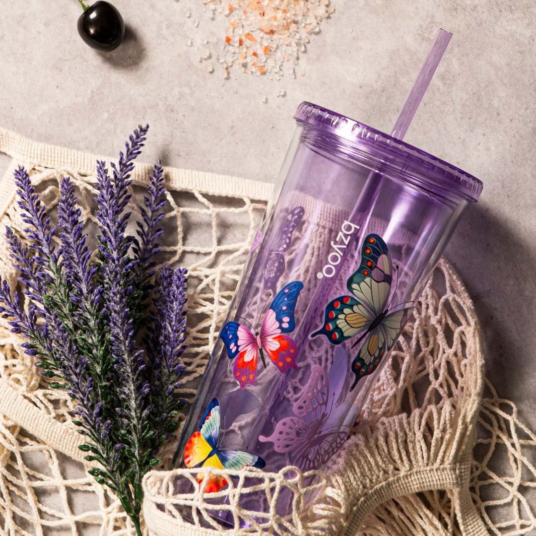 24oz Double Wall Insulated Plastic Tumbler with Lid & Straw - Butterfly Purple | Leak-Proof Travel Mug for Coffee, Tea & Cold Drinks | Office, Gym & Outdoor Use