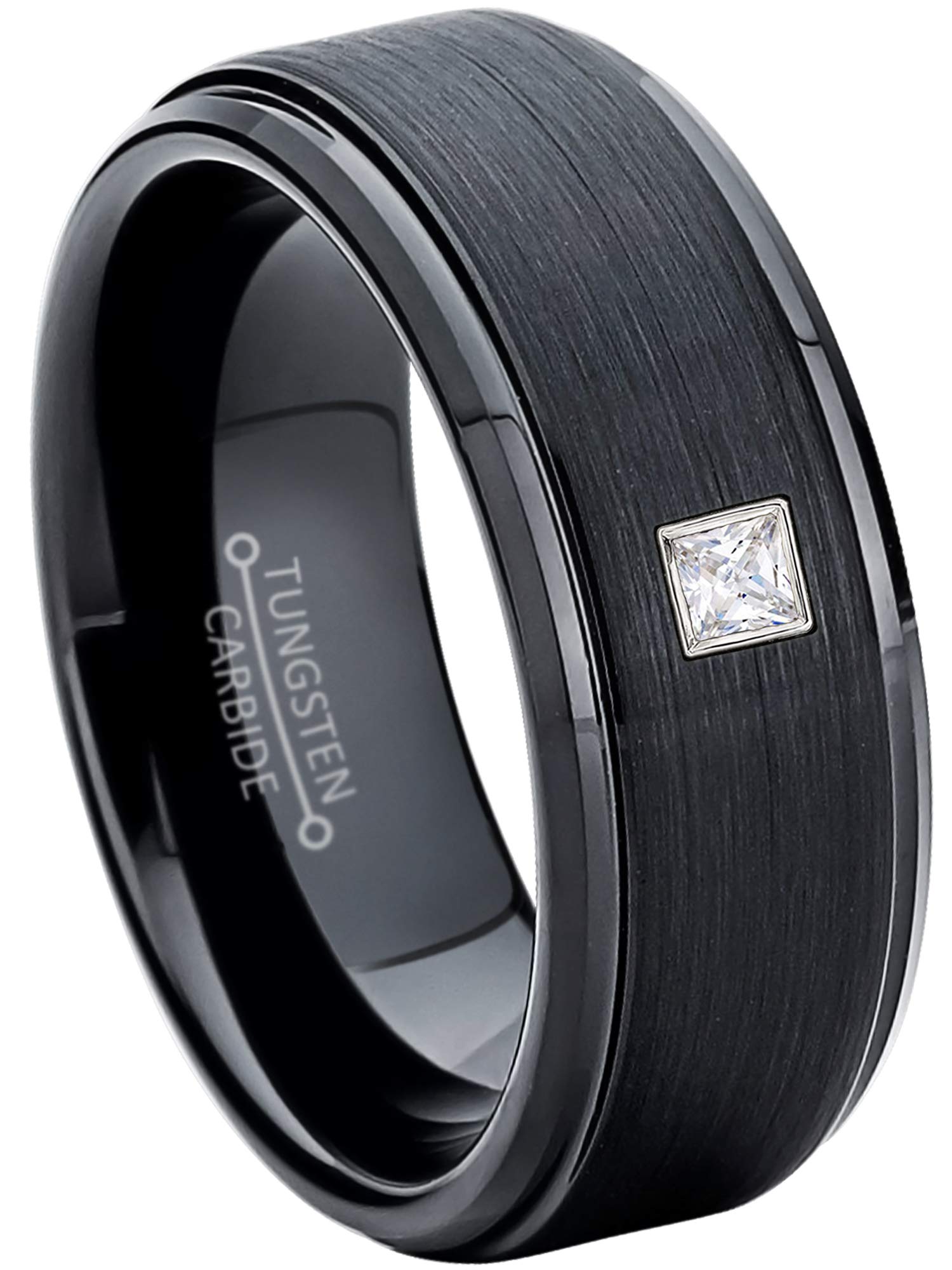 0.05ctw Princess Cut Solitaire Diamond Tungsten Ring - 8MM Brushed Stepped Edge Black Tungsten Carbide Wedding Band - April Birthstone Jewelry for Men & Women - Perfect for Engagement, Anniversary and Special Occasion Gifts