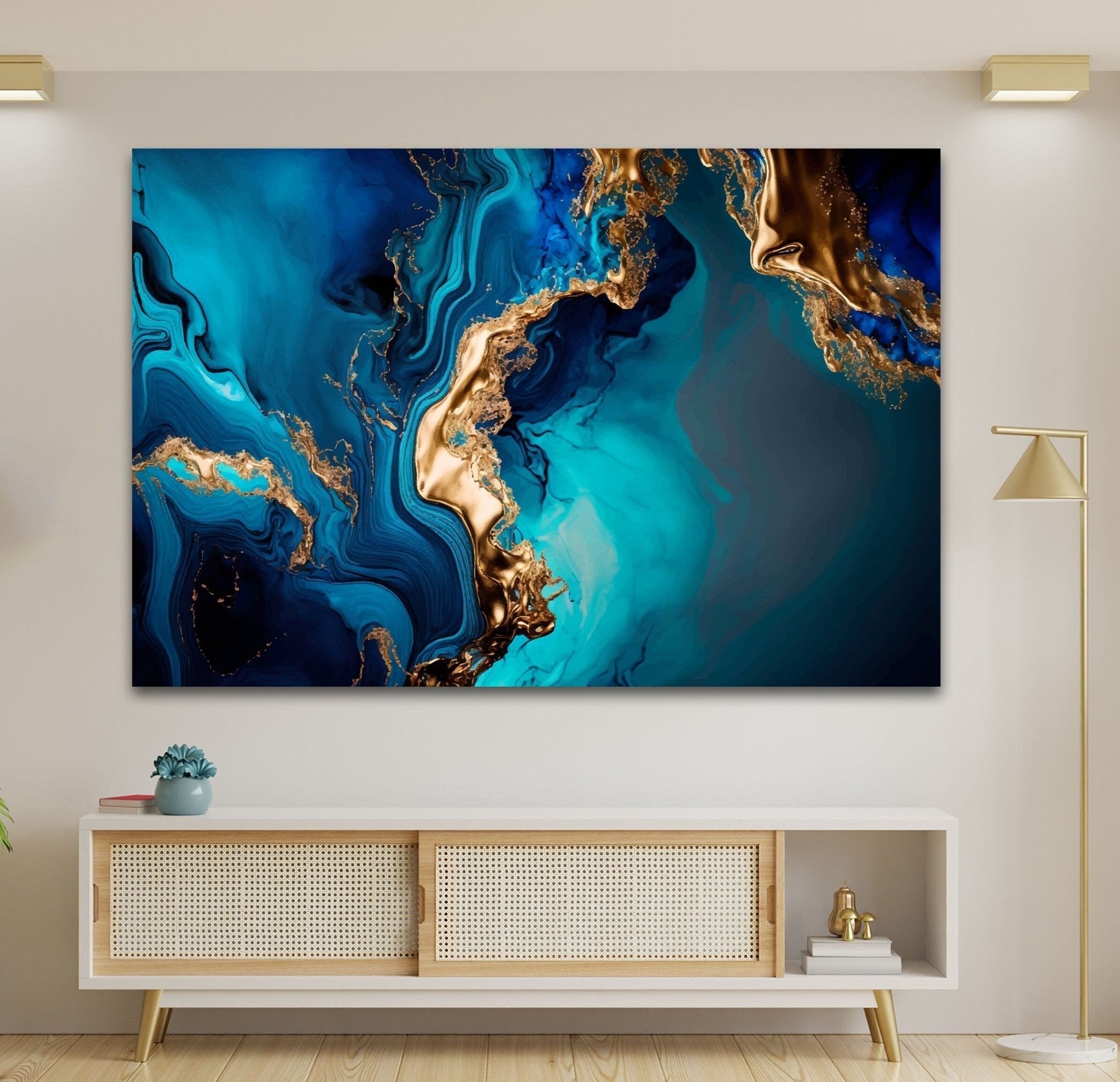 Abstract Turquoise Marble Glass Wall Art - Modern Home Decor for Living Room, Bedroom & Office - Handmade Blue and White Marbleized Glass Panel