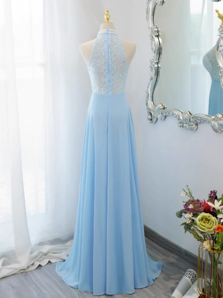 Elegant Blue Halter A-Line Chiffon Long Prom Dress J3188 for Formal Dances & Evening Events