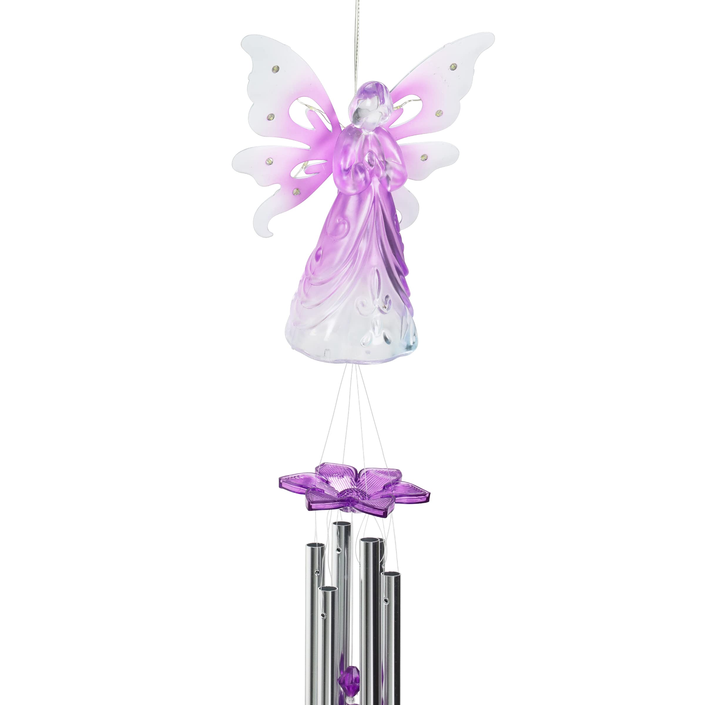 Solar-Powered Angel Wind Chime with 13 LED Firefly Lights - Purple Acrylic Metal Wings for Outdoor Garden, Patio, and Yard Decoration (6.5 x 4 x 42 Inch) - Perfect for Relaxing Evenings and Backyard Ambiance
