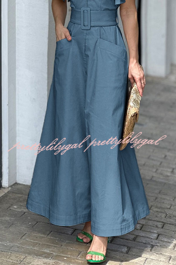Elegant Solid Color Ruffle Sleeve V-Neck High Waist Maxi Dress with Pockets | Women's Summer Beach Wedding Party Dress | Perfect for Vacation, Date Night & Special Occasions