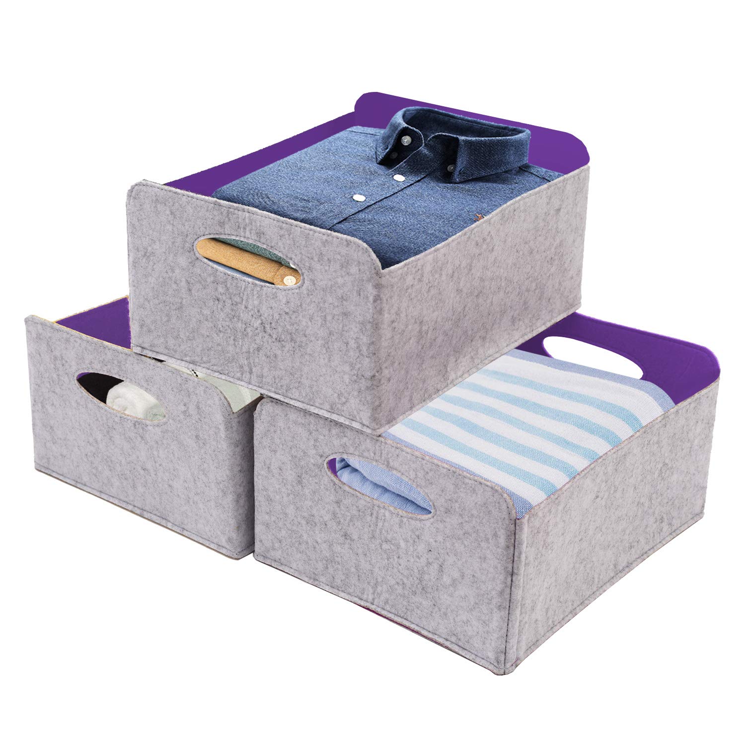 KELIVOL 3-Pack Foldable Felt Storage Baskets with Handles - Multipurpose Organizer for Toys, Books, Laundry & Home Essentials - Perfect for Bedroom, Office & Kitchen Storage (Purple) | Space-Saving Home Organization Solution
